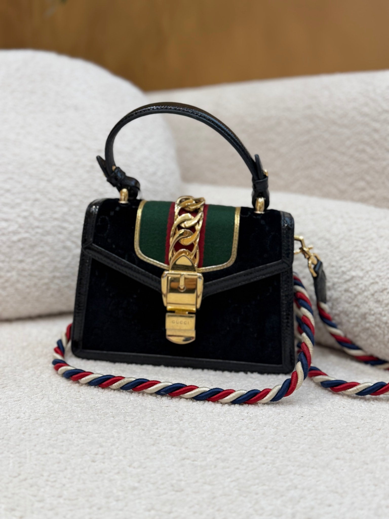 Gucci Black Velvet Sylvie Top Handle Bag