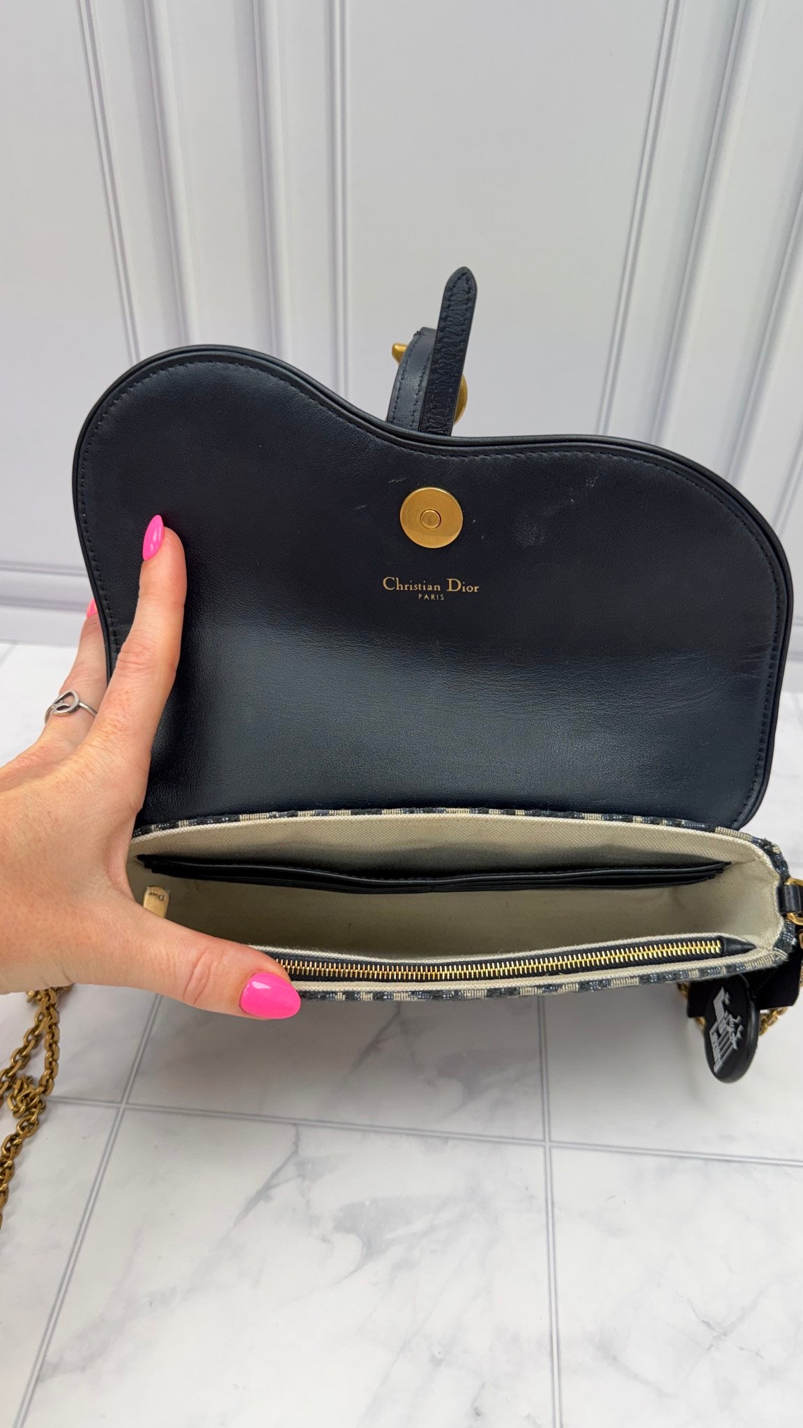 Christian Dior Blue Jacquard Saddle Pouch with a Chain 