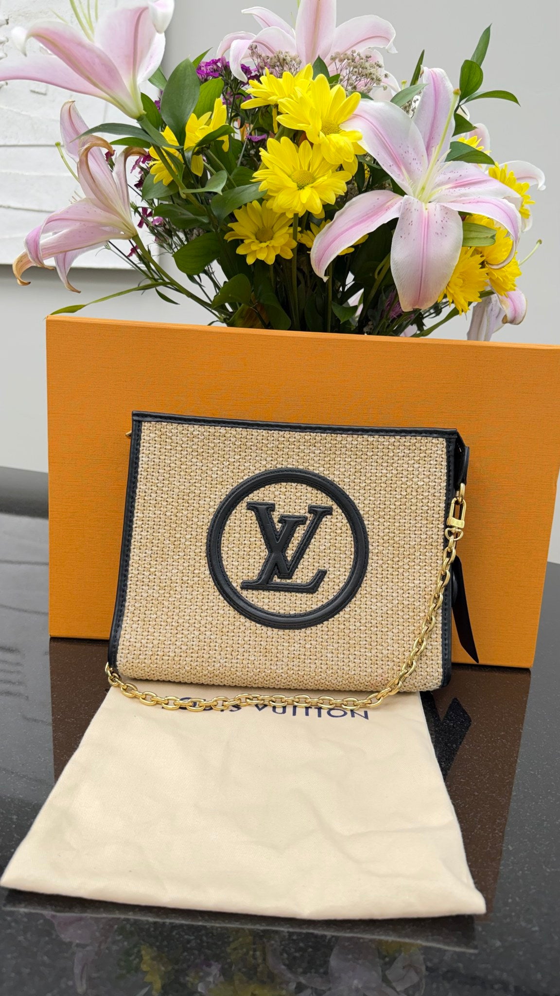 Louis Vuitton Raffia & Black Leather Toiletry 26 Pouch on a Chain