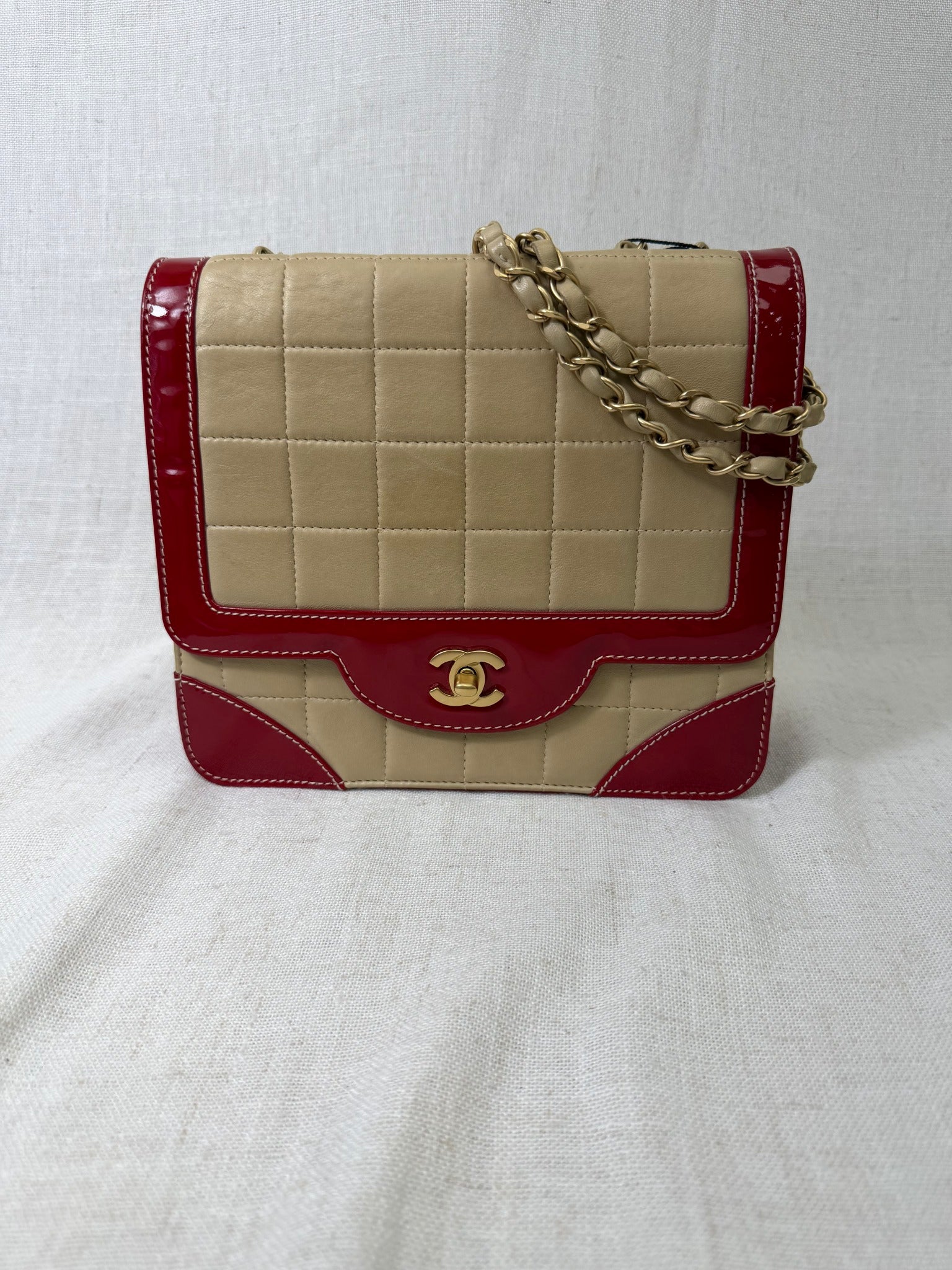 Chanel Tan Lambskin And Red Patent Leather Chocolate Bar Square Flap Bag