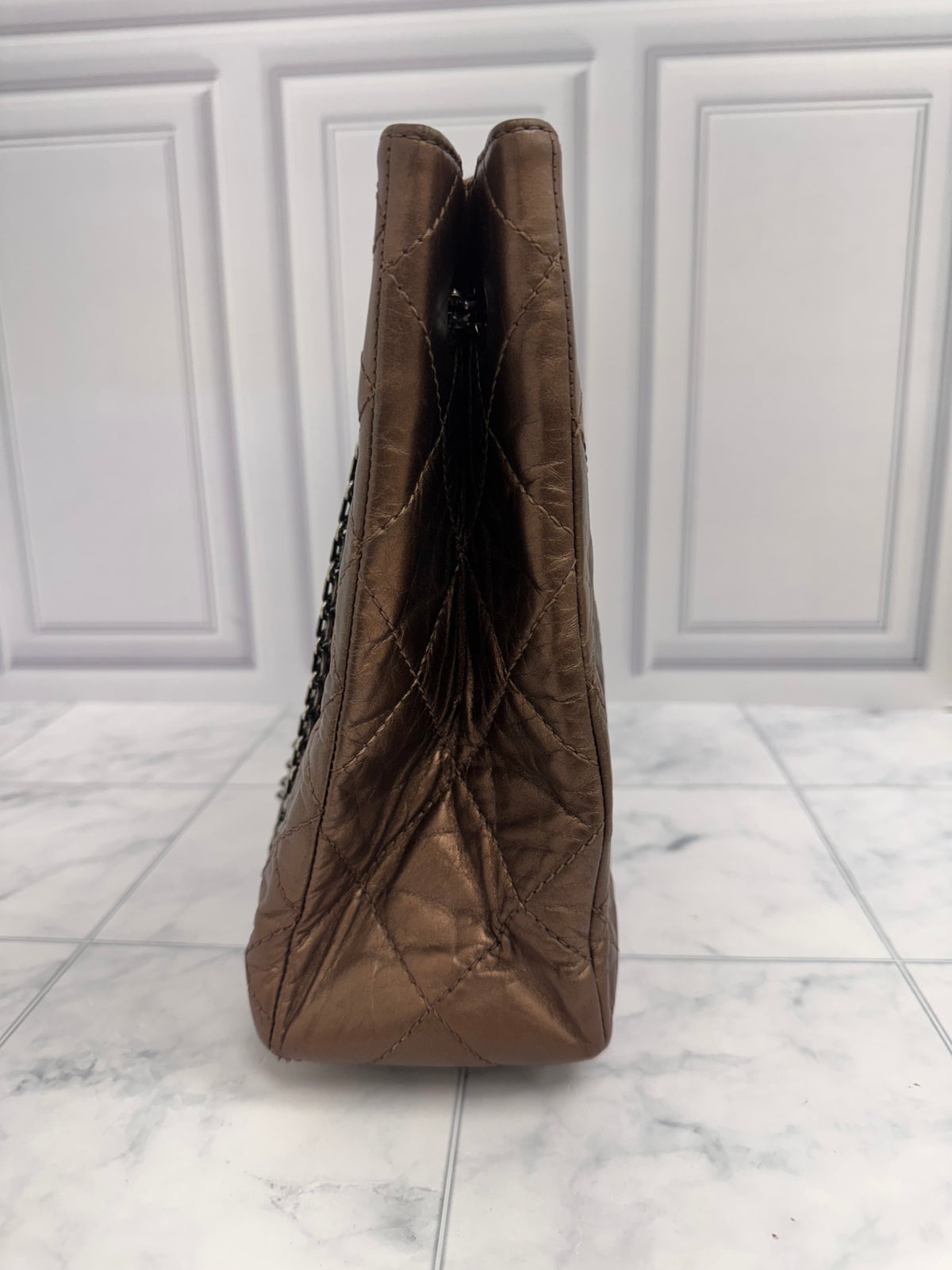 Chanel Metallic Bronze Quilted Aged Calfskin Leather Reissue 2.55 Medium Shopping Tote