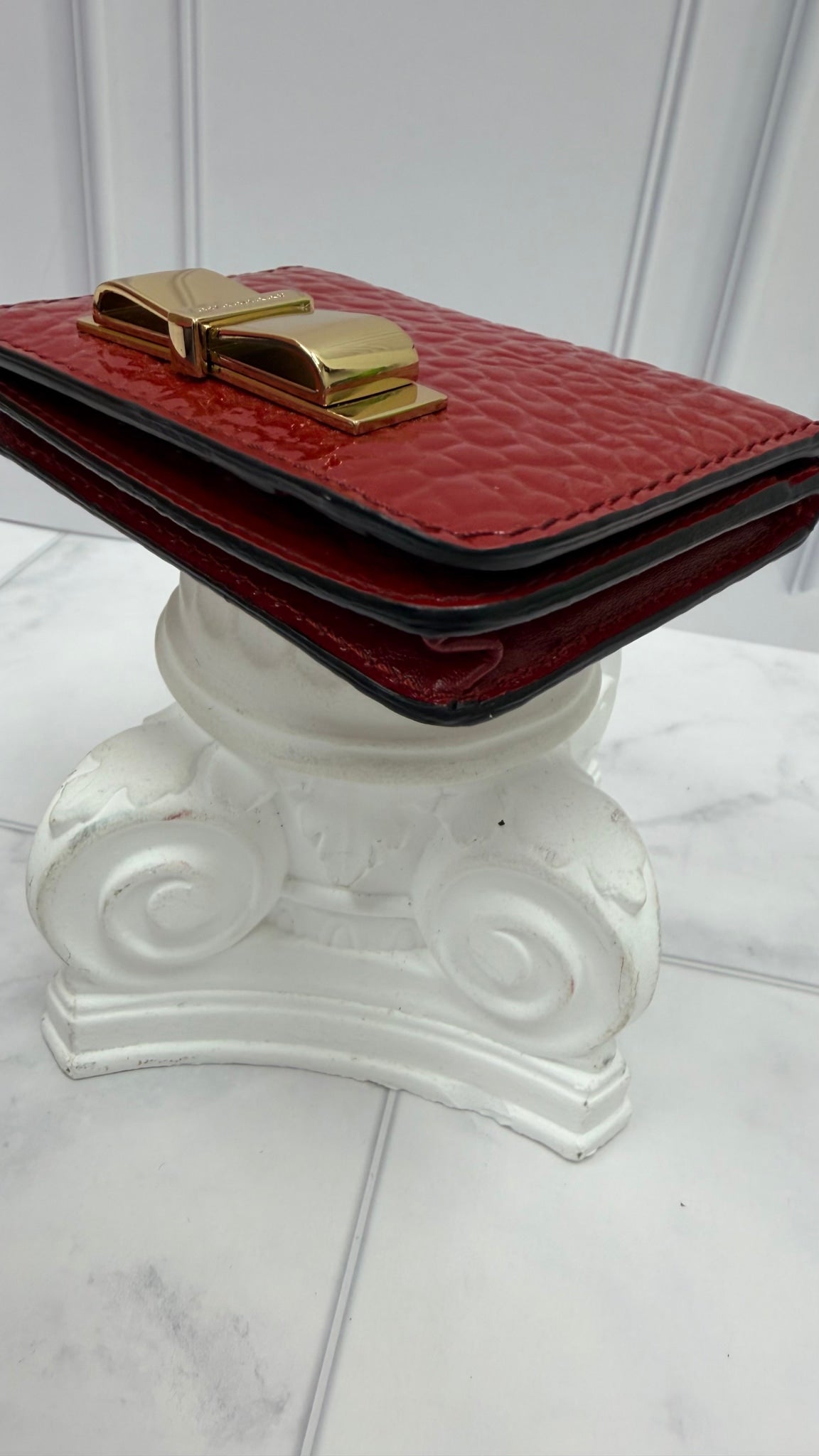 Burberry Red Embossed Patent Leather Compact Bow Wallet
