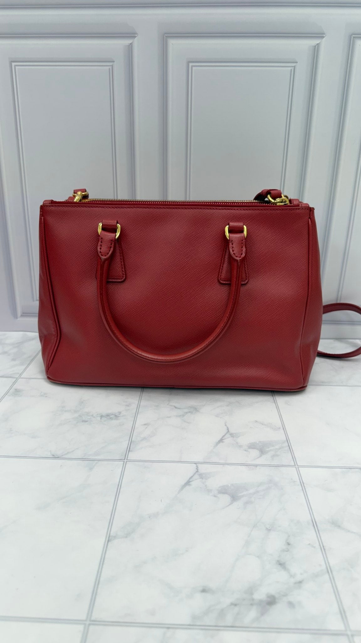 Prada Red Saffiano Leather Small Double Zip Galleria 2way Tote