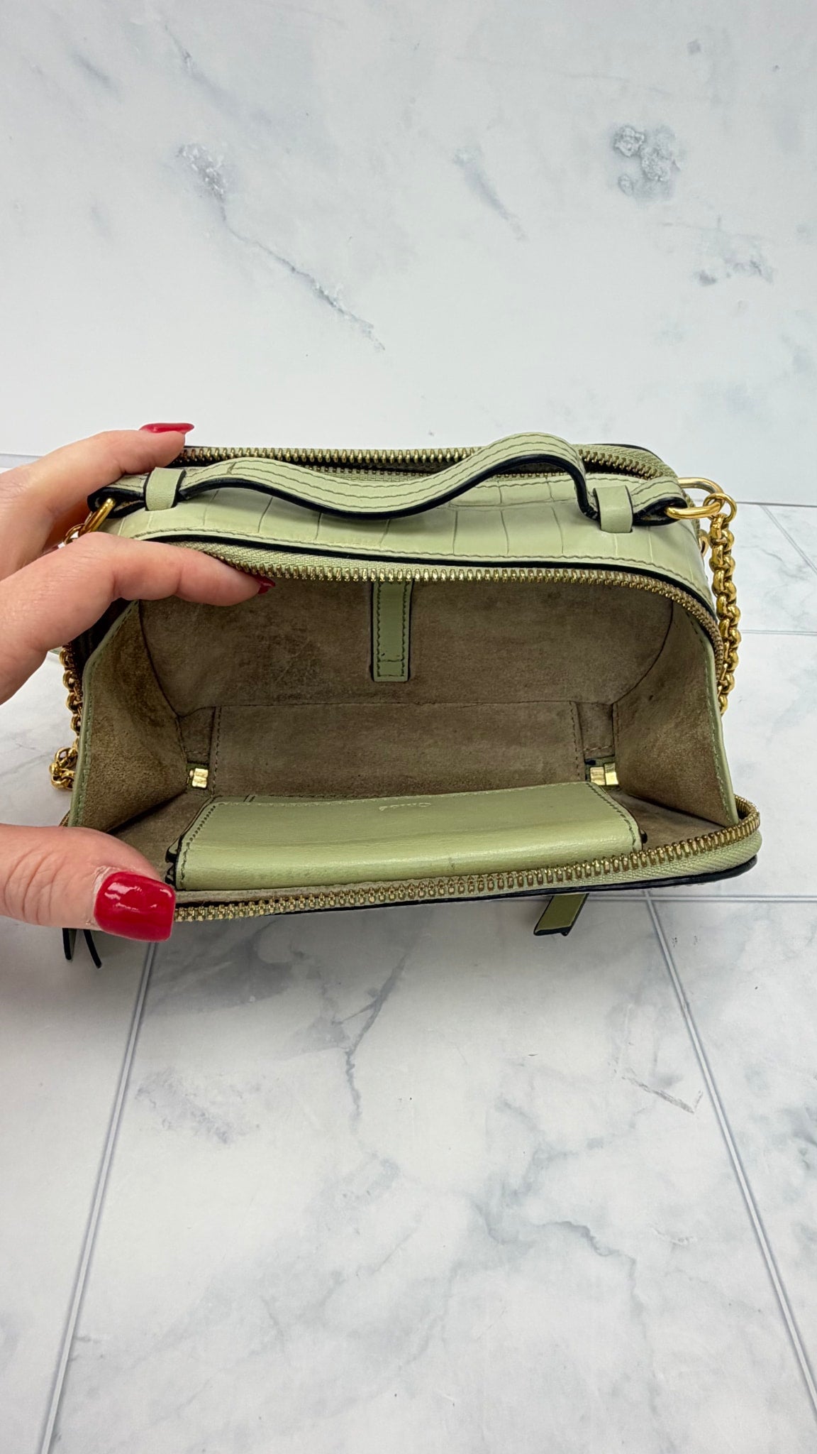 Chloe Green Croc Embossed Leather Vanity Handbag