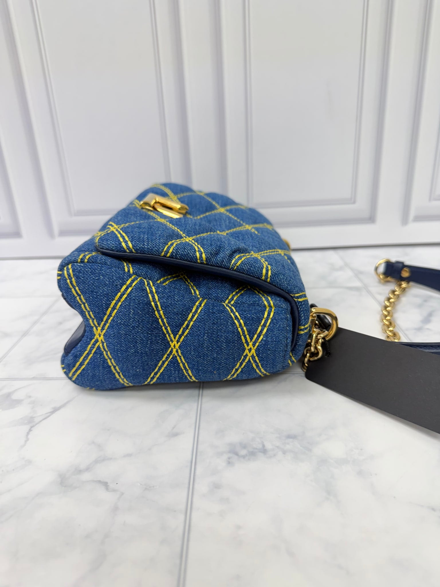 Louis Vuitton Blue Denim Yellow Stitching GO-14 PM Malletage Chain Shoulder Bag 