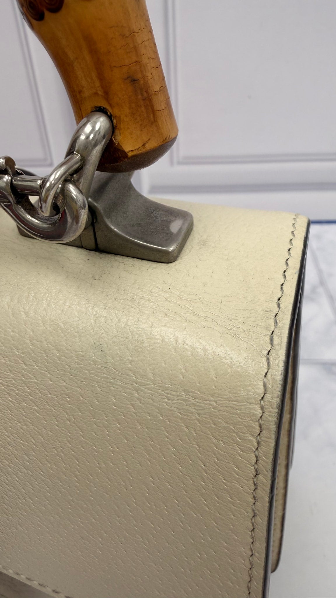 Gucci Ivory Grained Calfskin Leather Mini Dionysus Bamboo Top Handle Bag