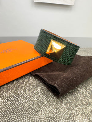 Hermes Green Lizard Skin Medor Stud Cuff Bracelet