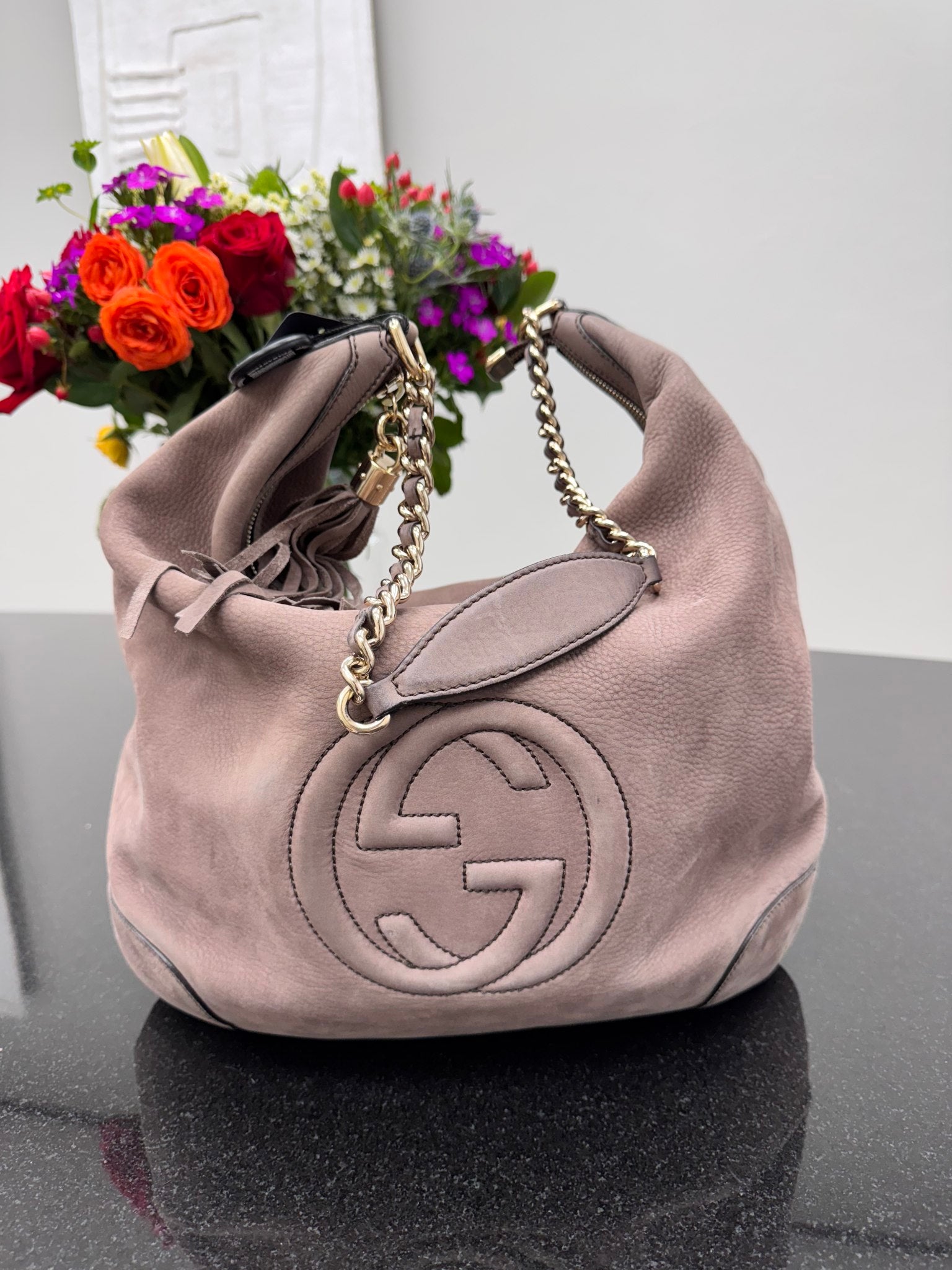Gucci Taupe Suede Interlocking G Soho Chain Hobo Bag 