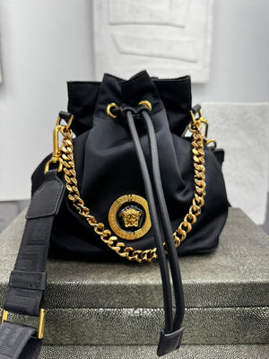 Versace Black Nylon La Medusa Small Bucket Bag