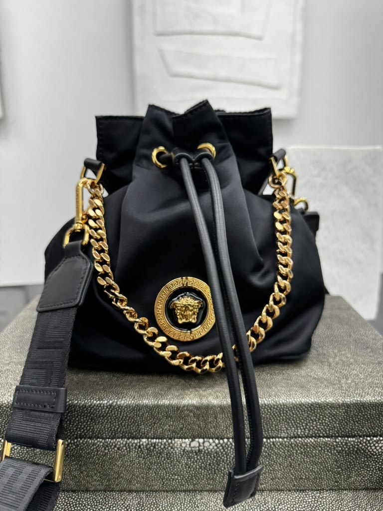 Versace Black Nylon La Medusa Small Bucket Bag