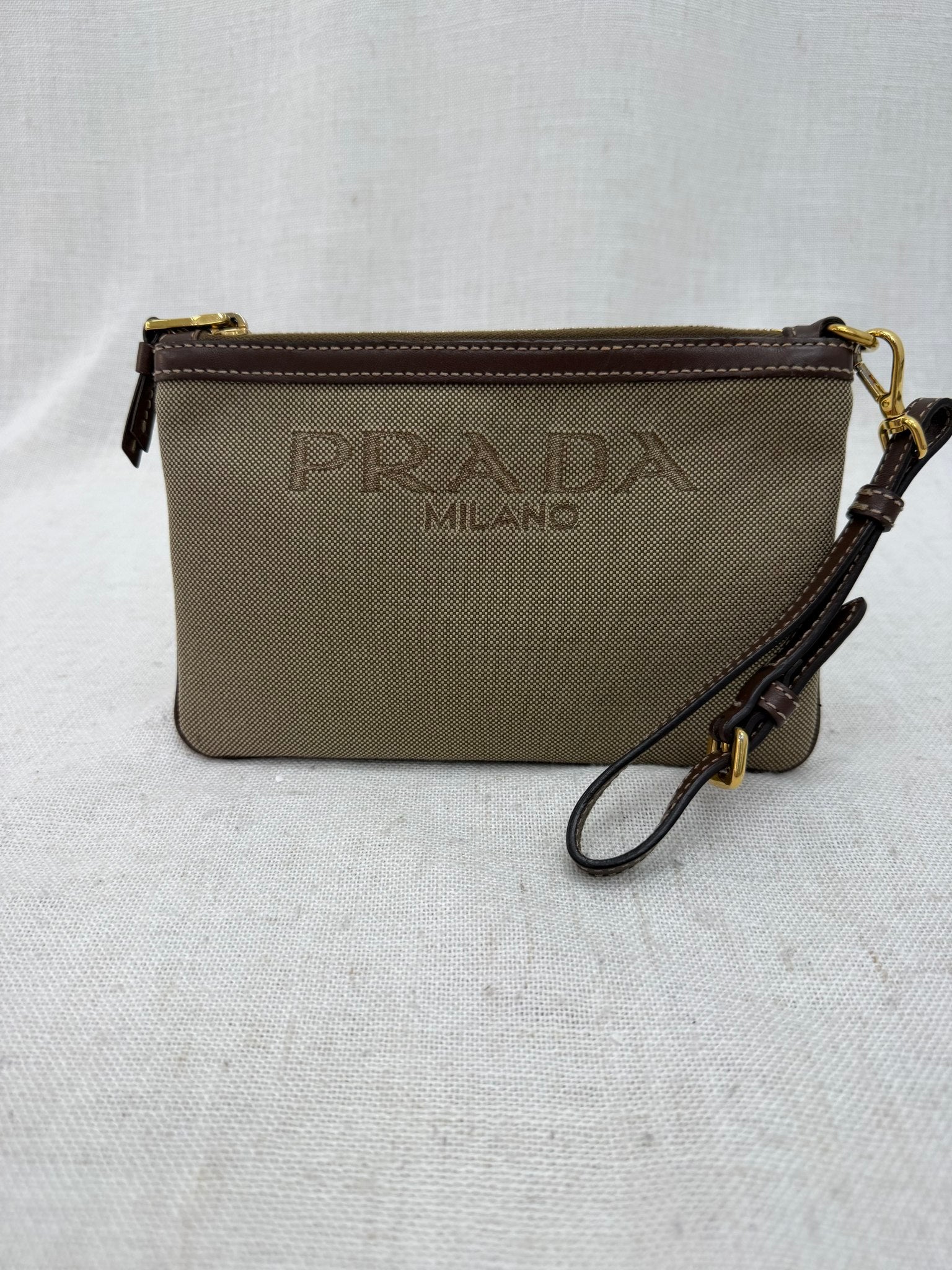 Prada Brown Canvas Canapa Wristlet Pouch