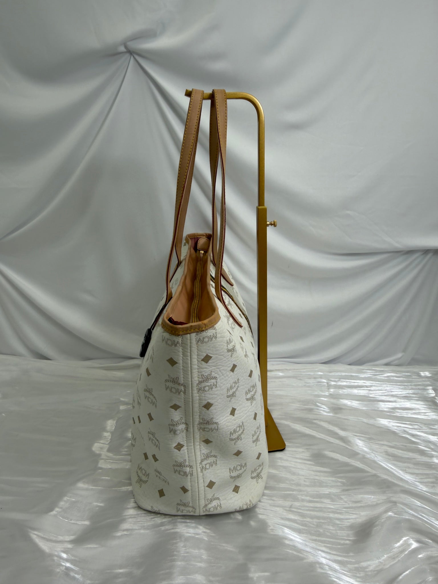 MCM Visetos Striped White Shopper Tote
