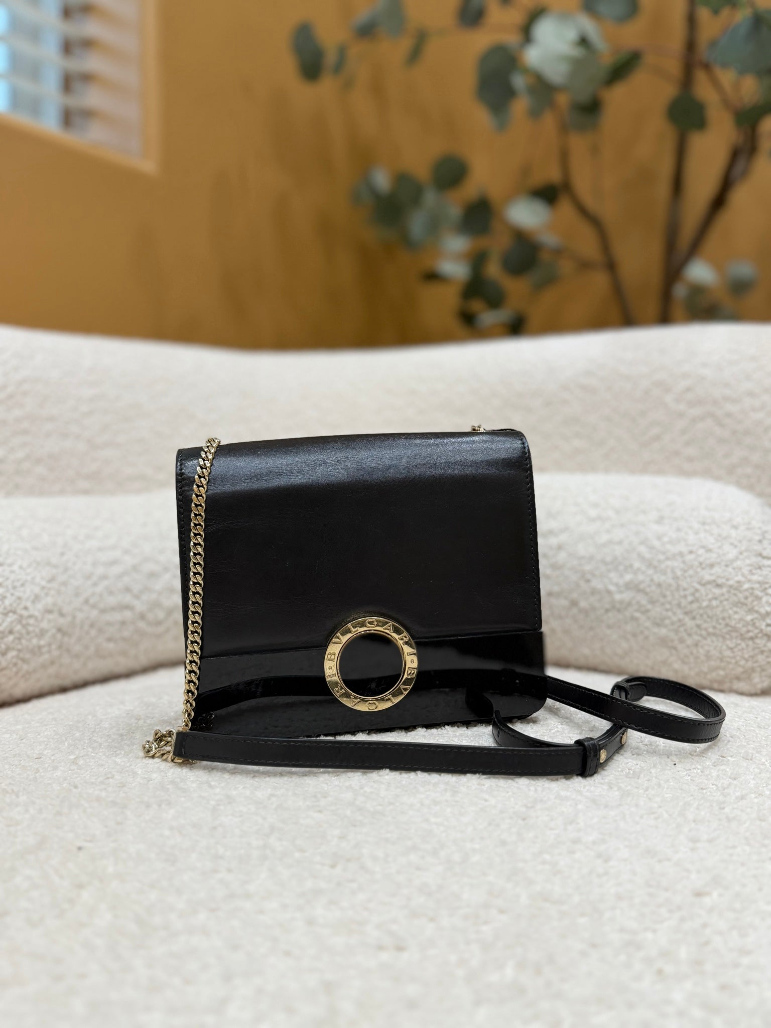 Bvlgari Black Leather Flap Cover Crossbody Bag