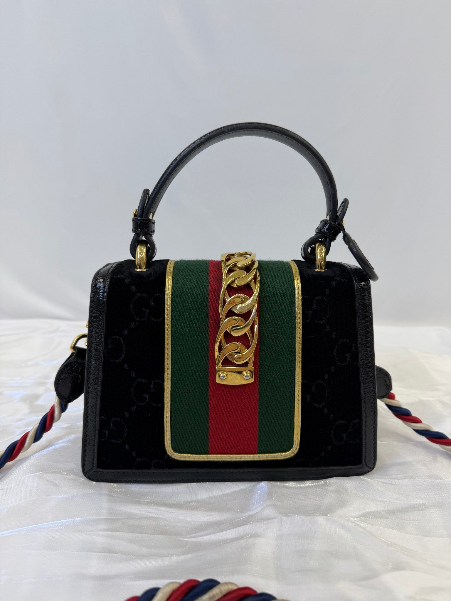 Gucci Black Velvet Sylvie Top Handle Bag