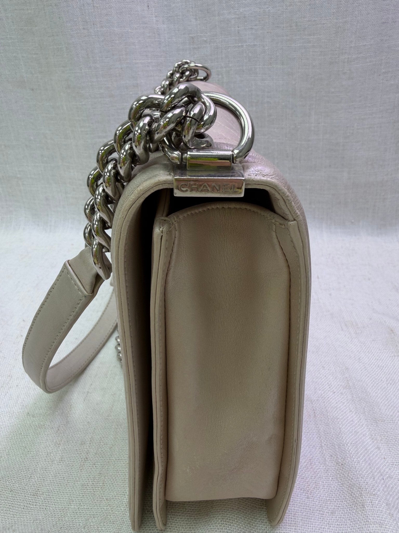 Chanel Irridesent Beige Quilted Calfskin Large Boy Bag