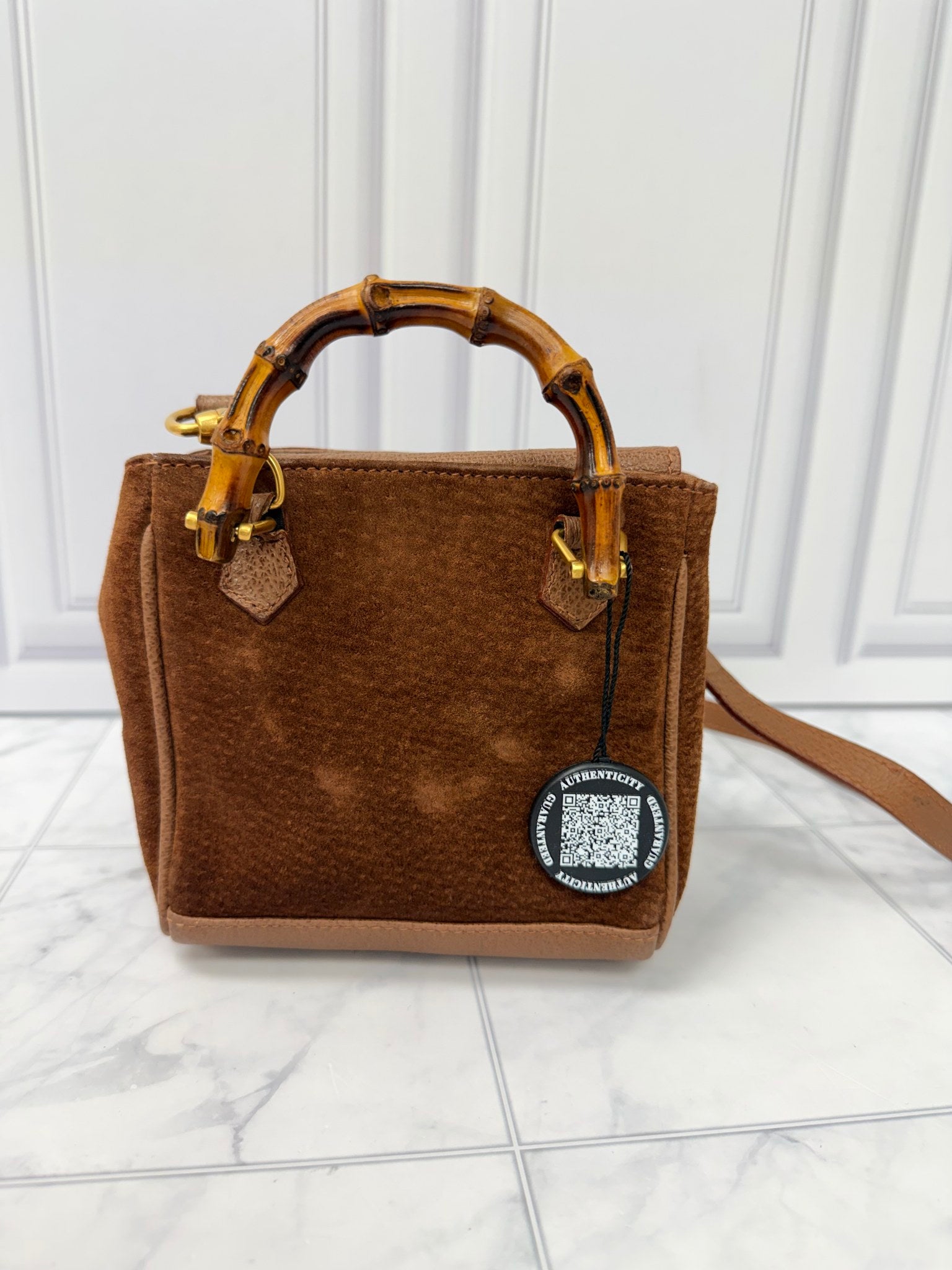 Gucci Brown Suede Leather Mini Bamboo 2Way Handbag 