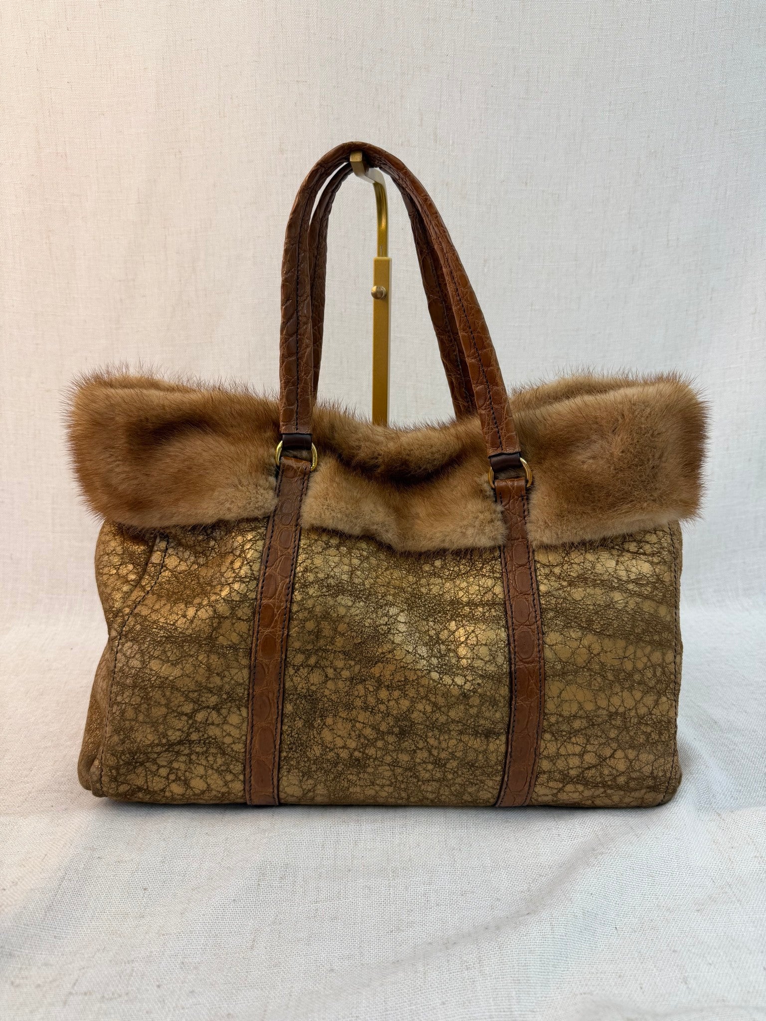 Prada Gold Distressed Sheepskin And Mink Trim Bag