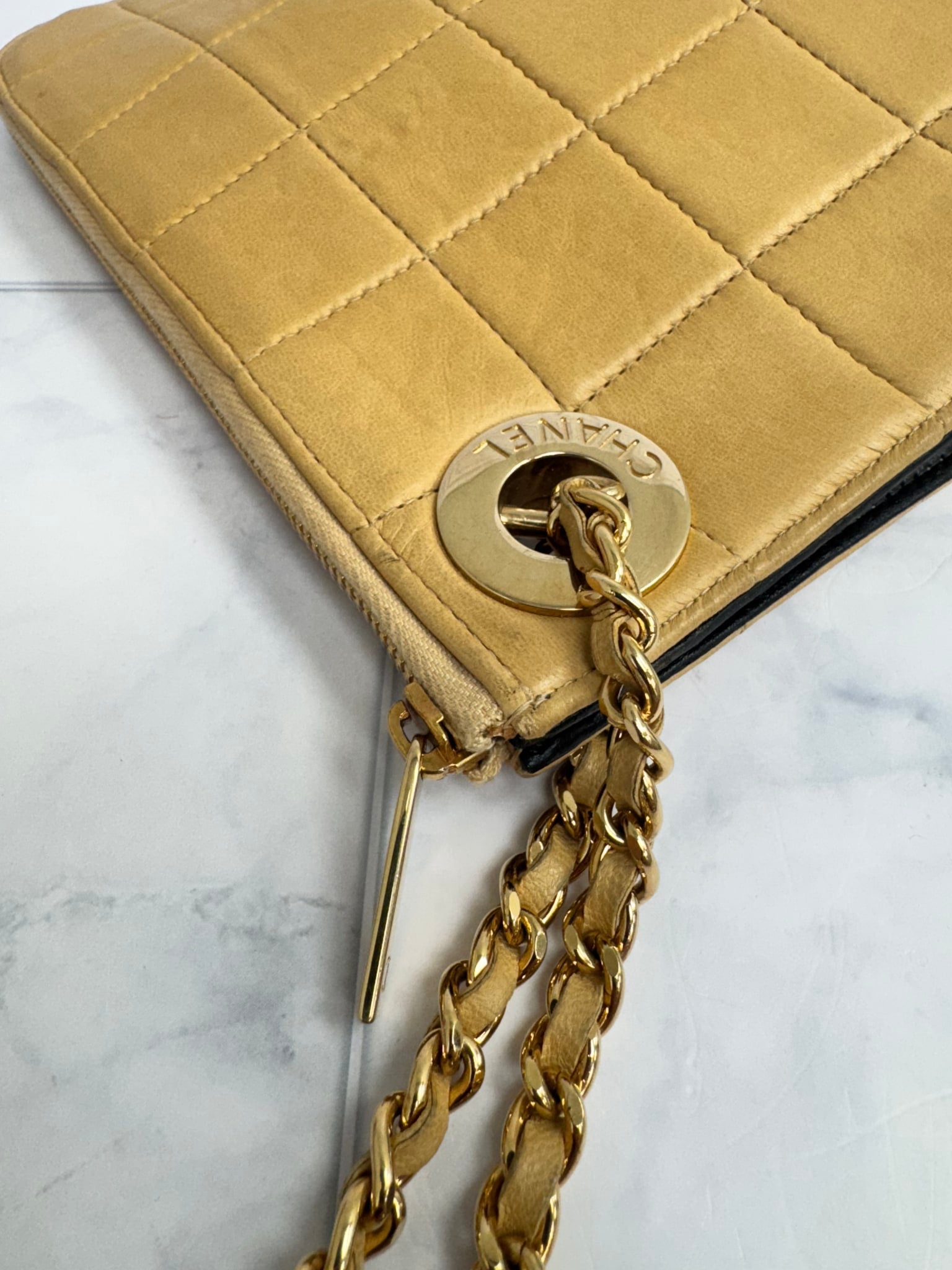 Chanel Beige Quilted Chocolate Bar Handcuff Wristlet Clutch Bag