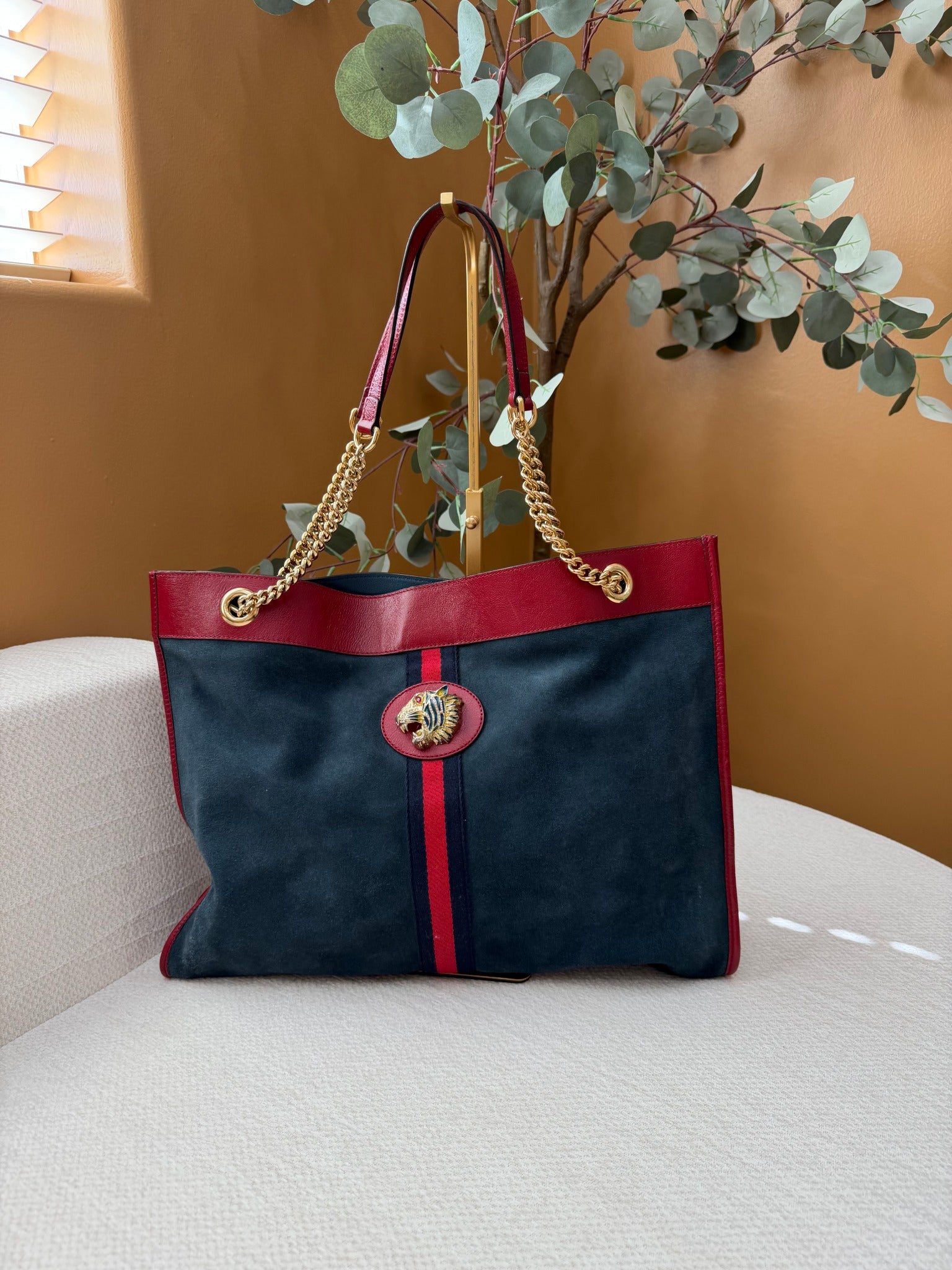 Gucci Navy Suede And Red Leather Rajah Tote Bag
