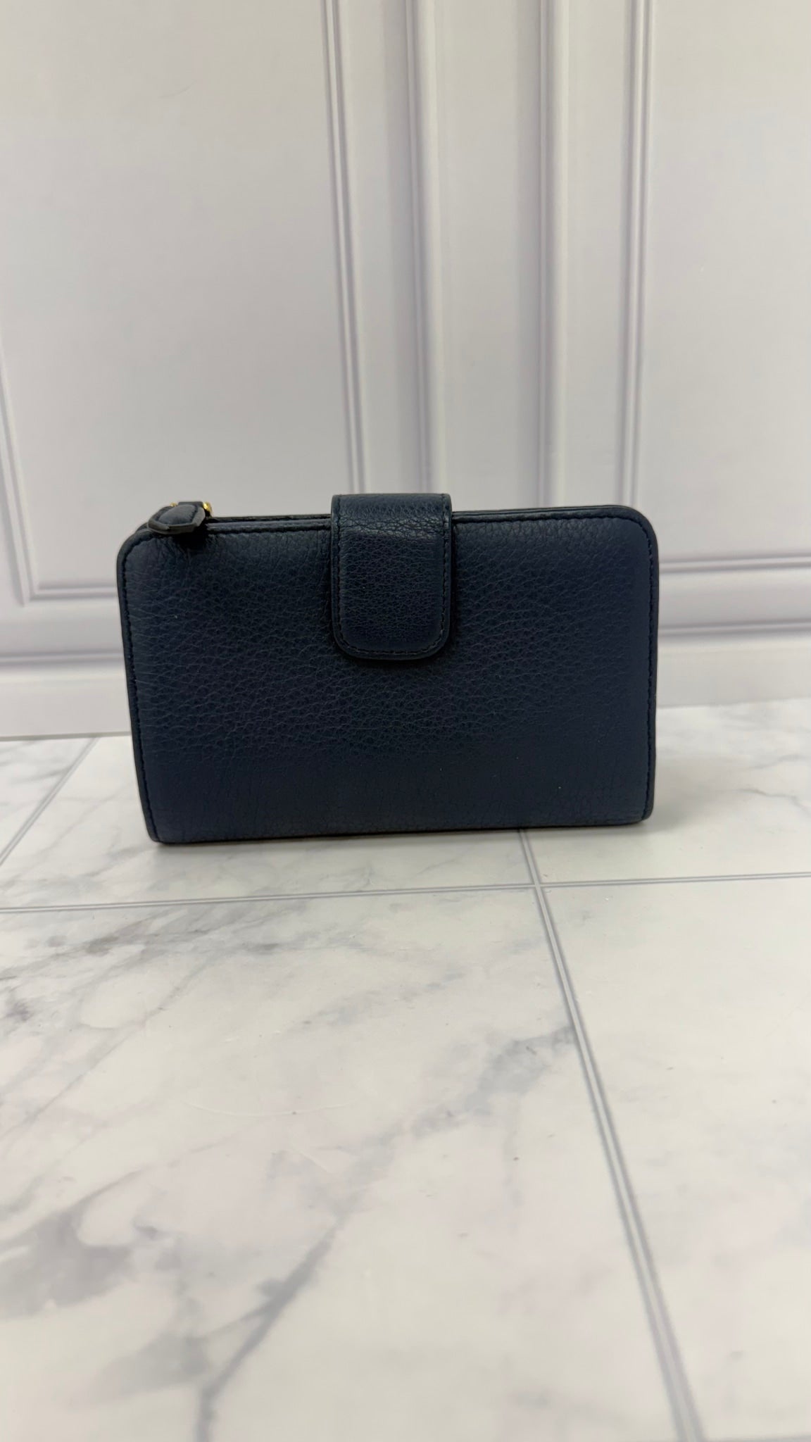 Prada Navy Blue Pebbled Leather Compact Wallet 