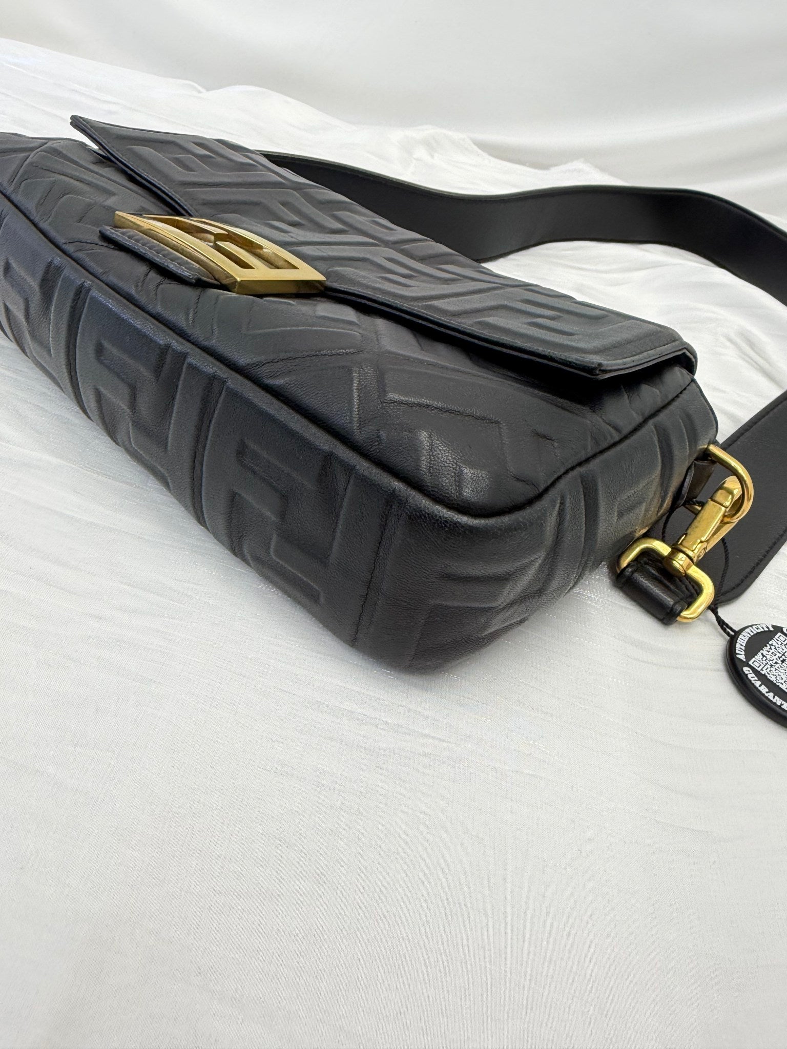 Fendi Black Embossed Nappa Leather FF Baguette Shoulder Bag 