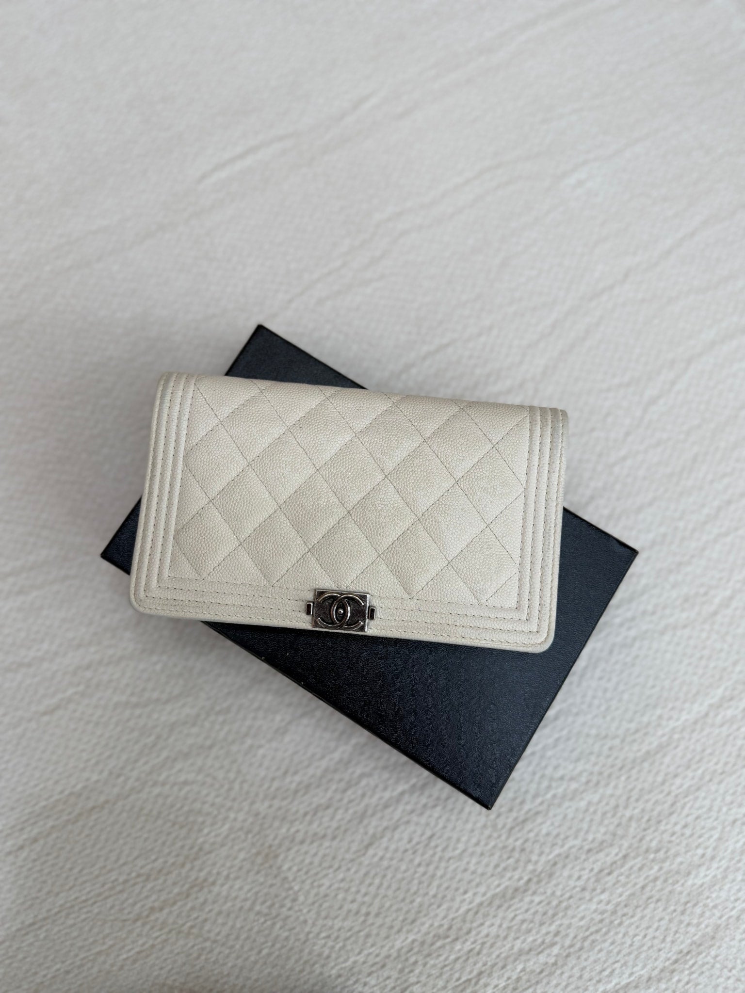 Chanel Ivory Caviar Leather Boy Long Wallet 