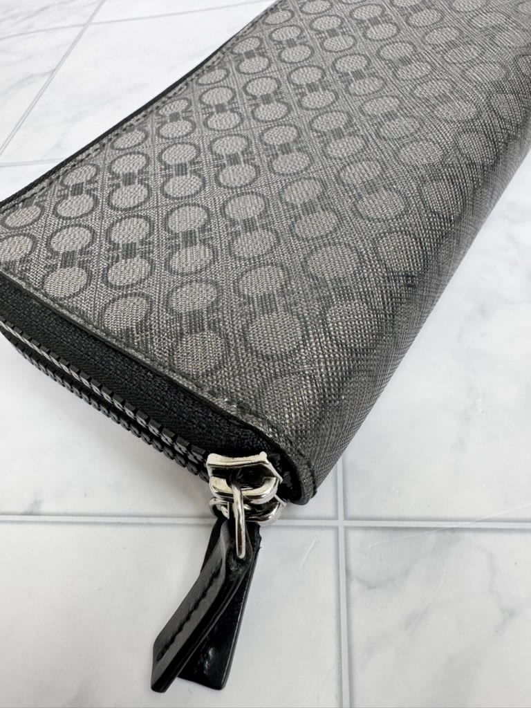 Salvatore Ferrgamo Black And Gray Coated Canvas Double Zippy Wallet