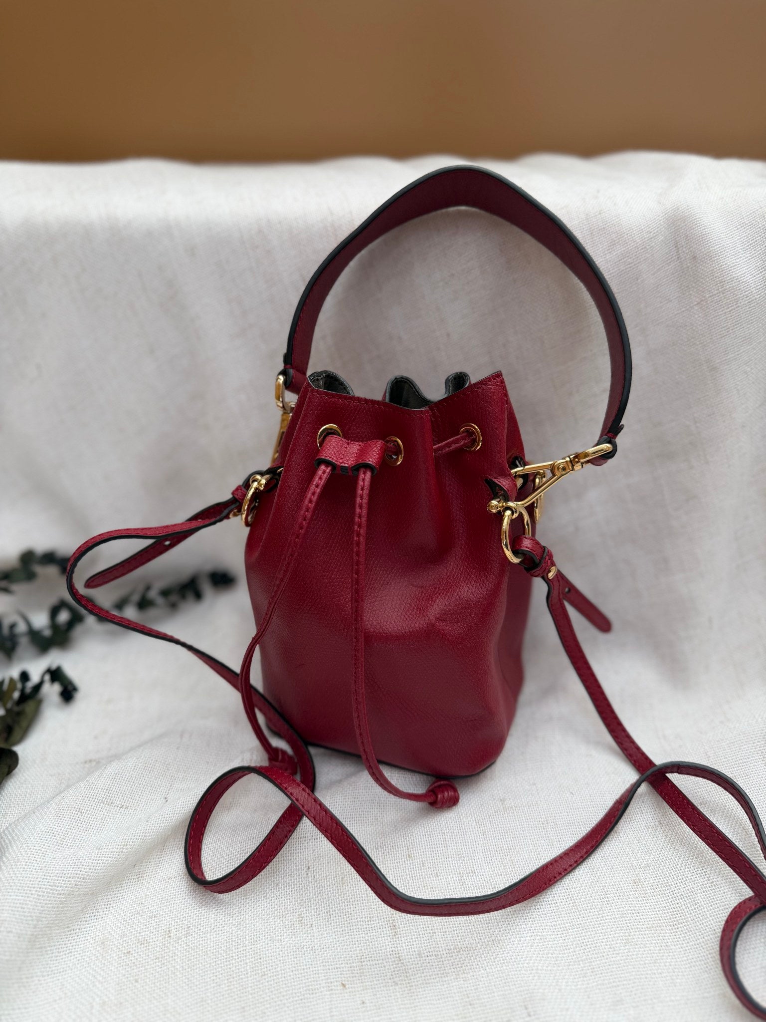 Fendi Red Leather Tresor Mini Drawstring 2Way Bucket Bag