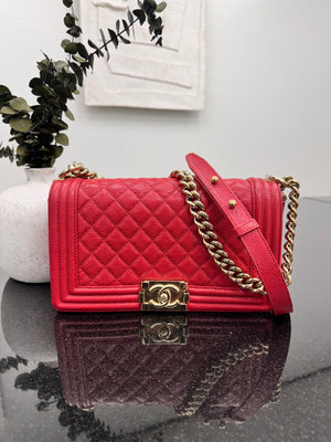Chanel Red Caviar Leather Medium Boy Bag
