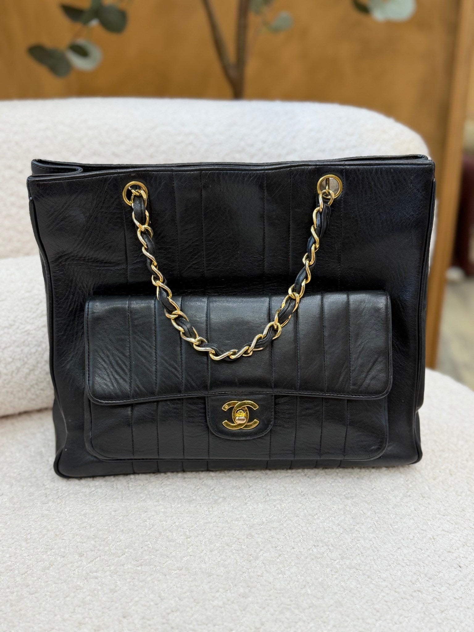Chanel Black Leather Vertical Striped Mademoiselle Tote