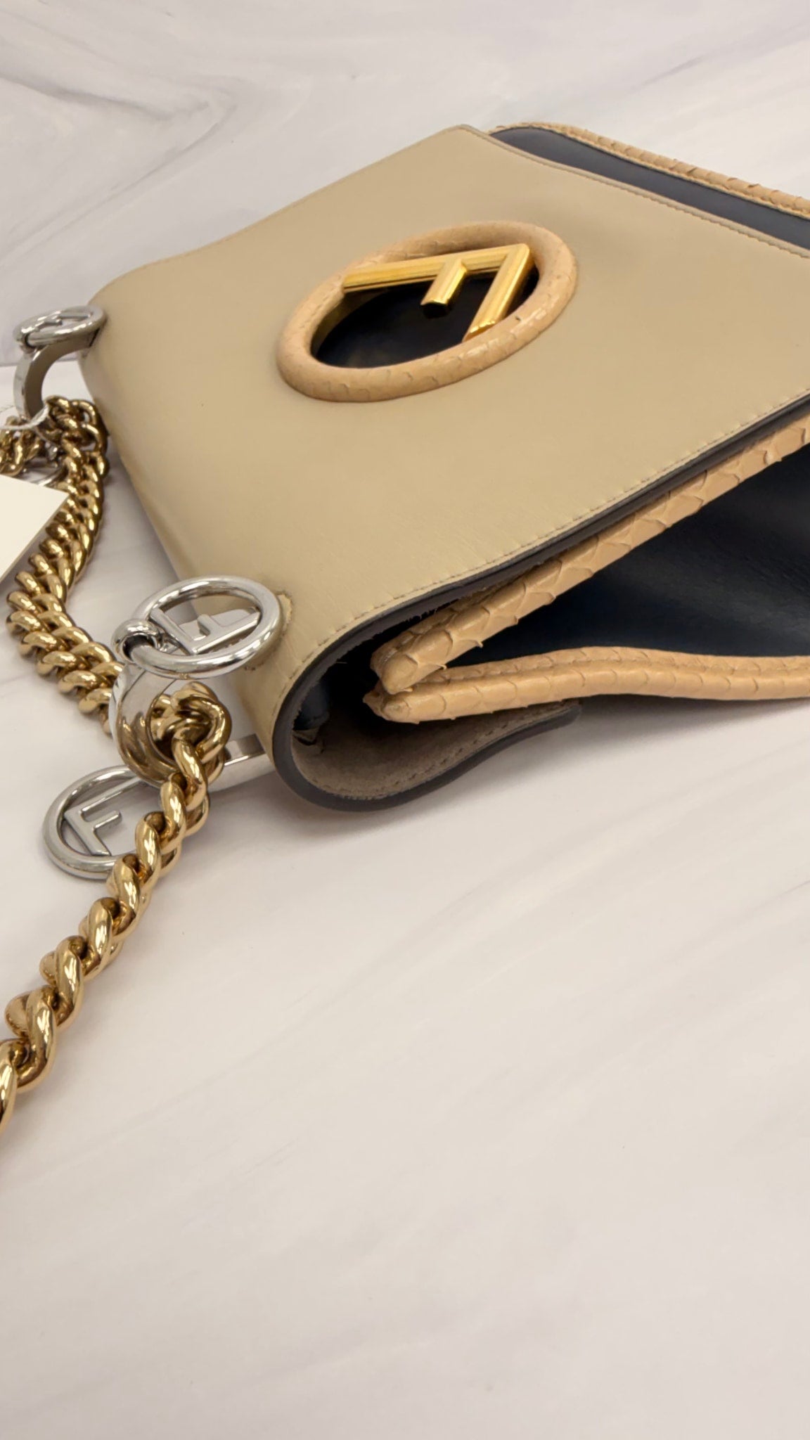 Fendi Navy And Beige Leather Kan I Chain Shoulder Bag 