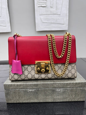 Gucci GG Supreme And Red Leather Padlock Chain Shoulder Bag