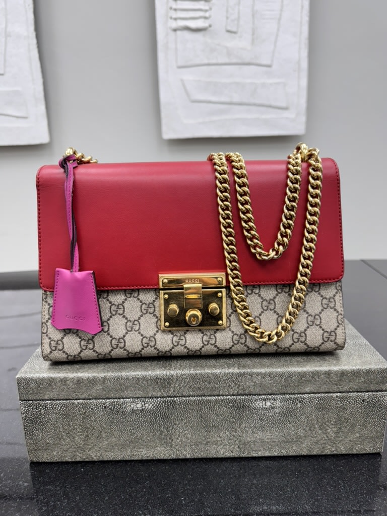 Gucci GG Supreme And Red Leather Padlock Chain Shoulder Bag