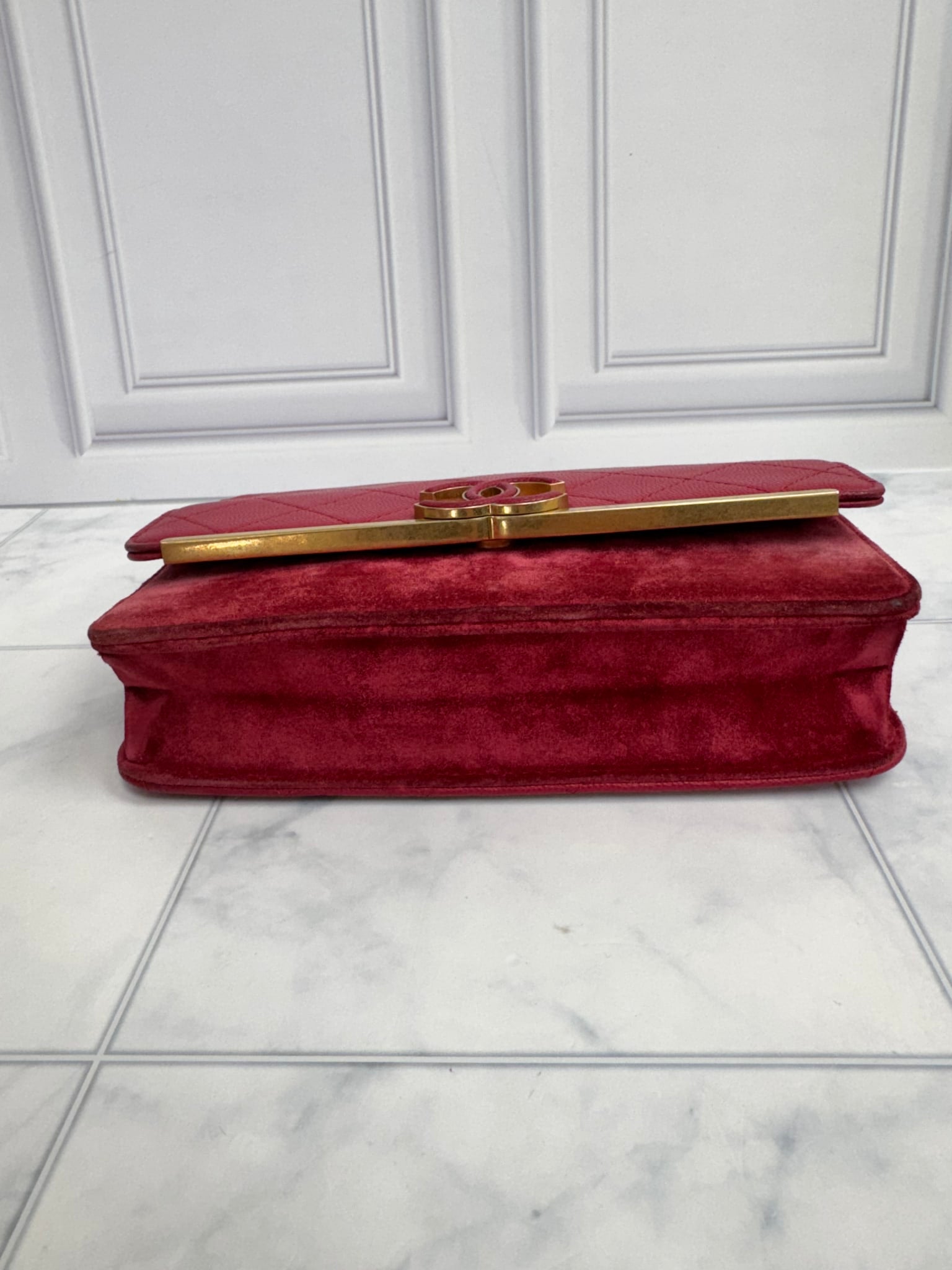 Chanel Red Quilted Caviar Leather And Suede Lady Coco Wallet On Chain