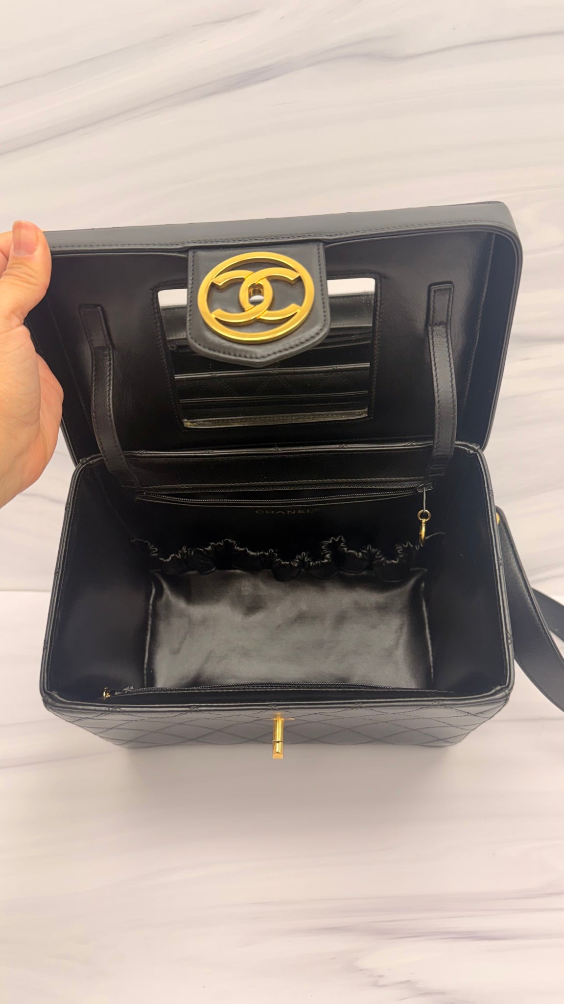 Chanel Black Calfskin Leather 24K Gold Vintage Vanity Bag 