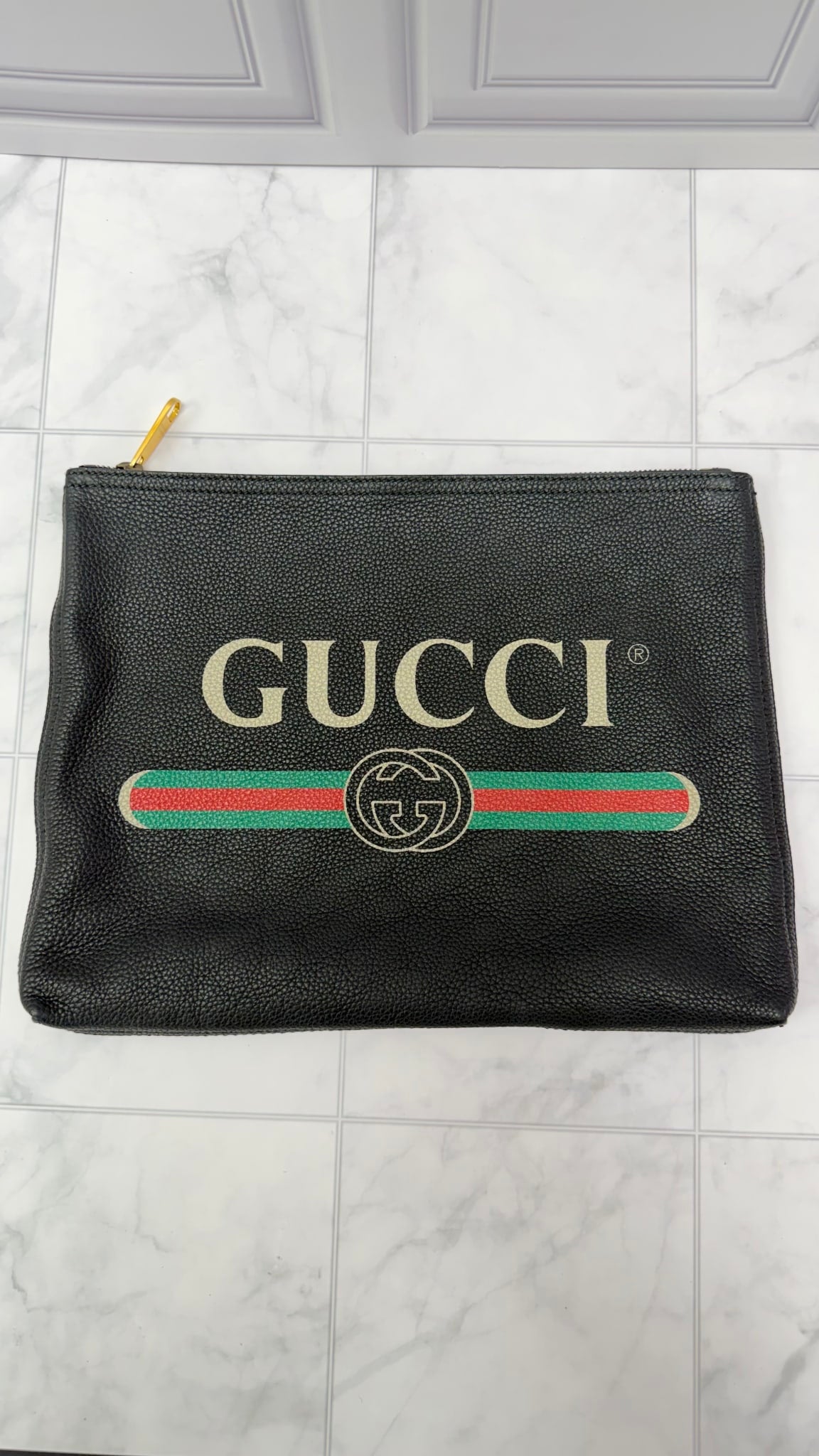 Gucci Black Leather Logo Print Zipper Clutch