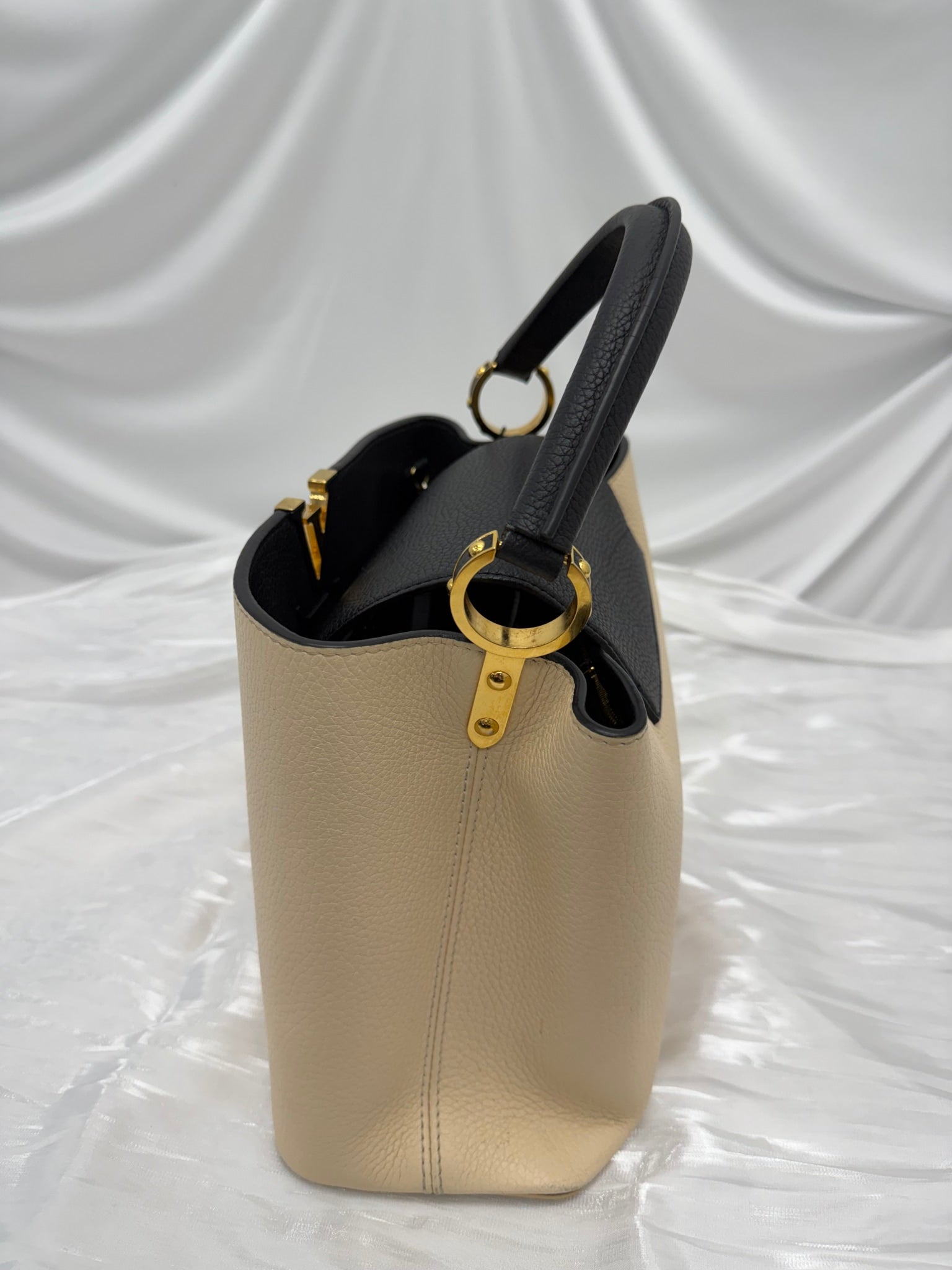 Louis Vuitton Beige & Black Taurillon Leather Capucines PM Bag