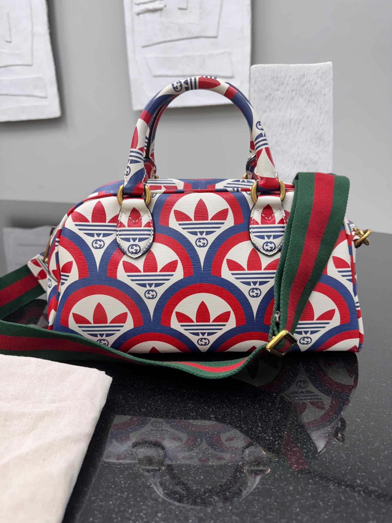Gucci x Adidas Red Blue White Grained Leather 2Way Bag 