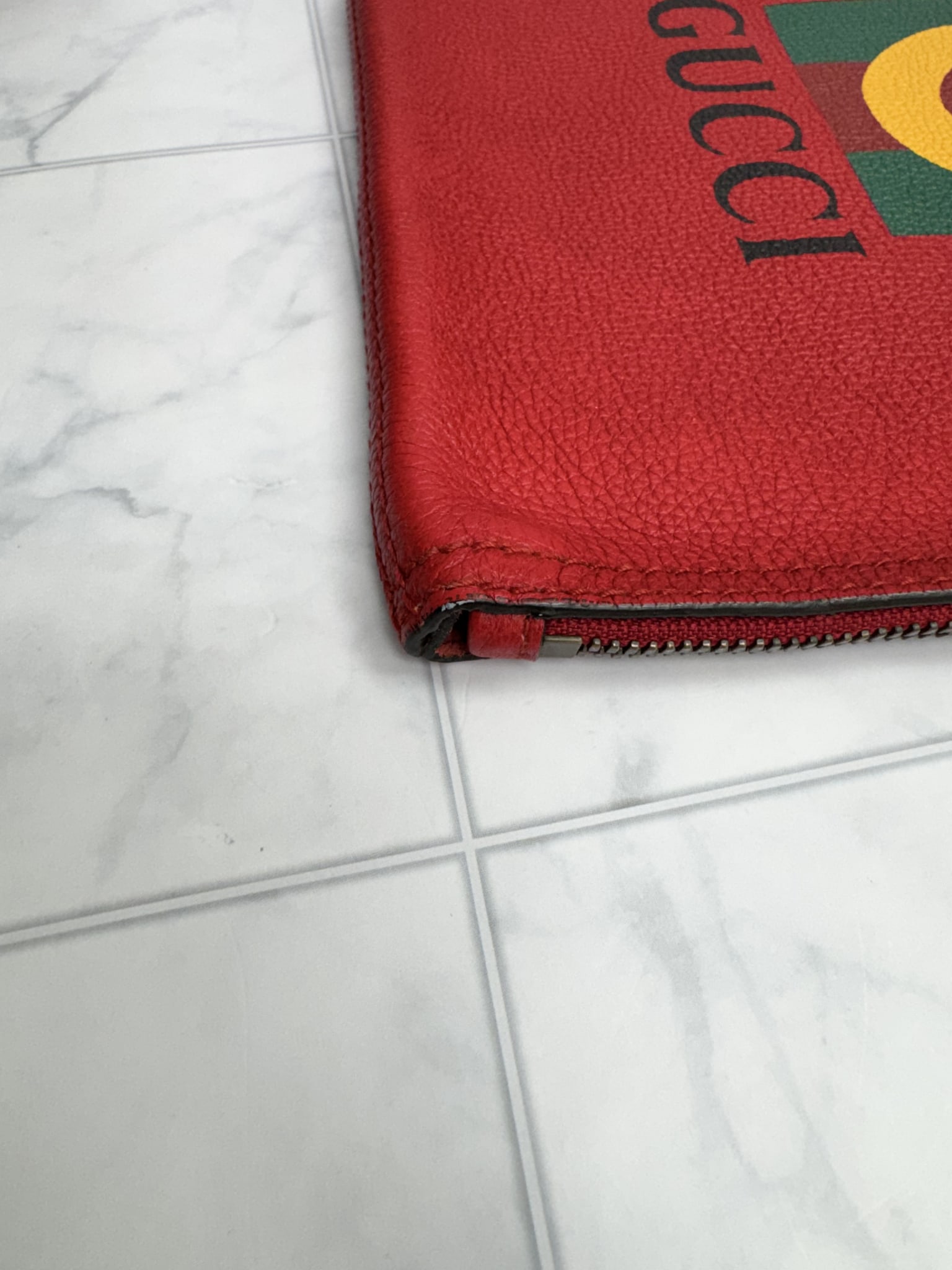 Gucci Red Logo Print Grained Leather Pouch