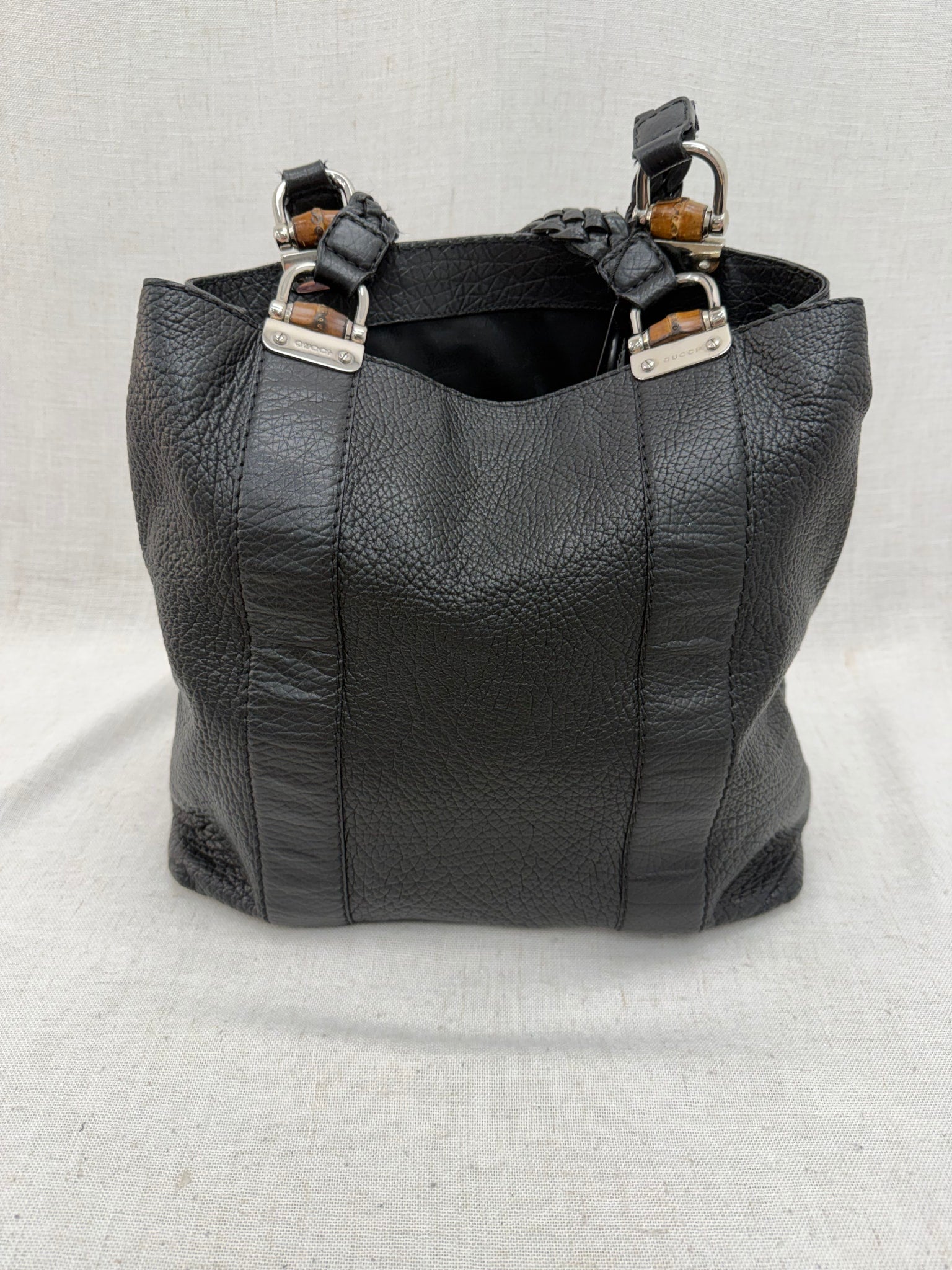 Gucci Black Leather Braided Bamboo Shoulder bag