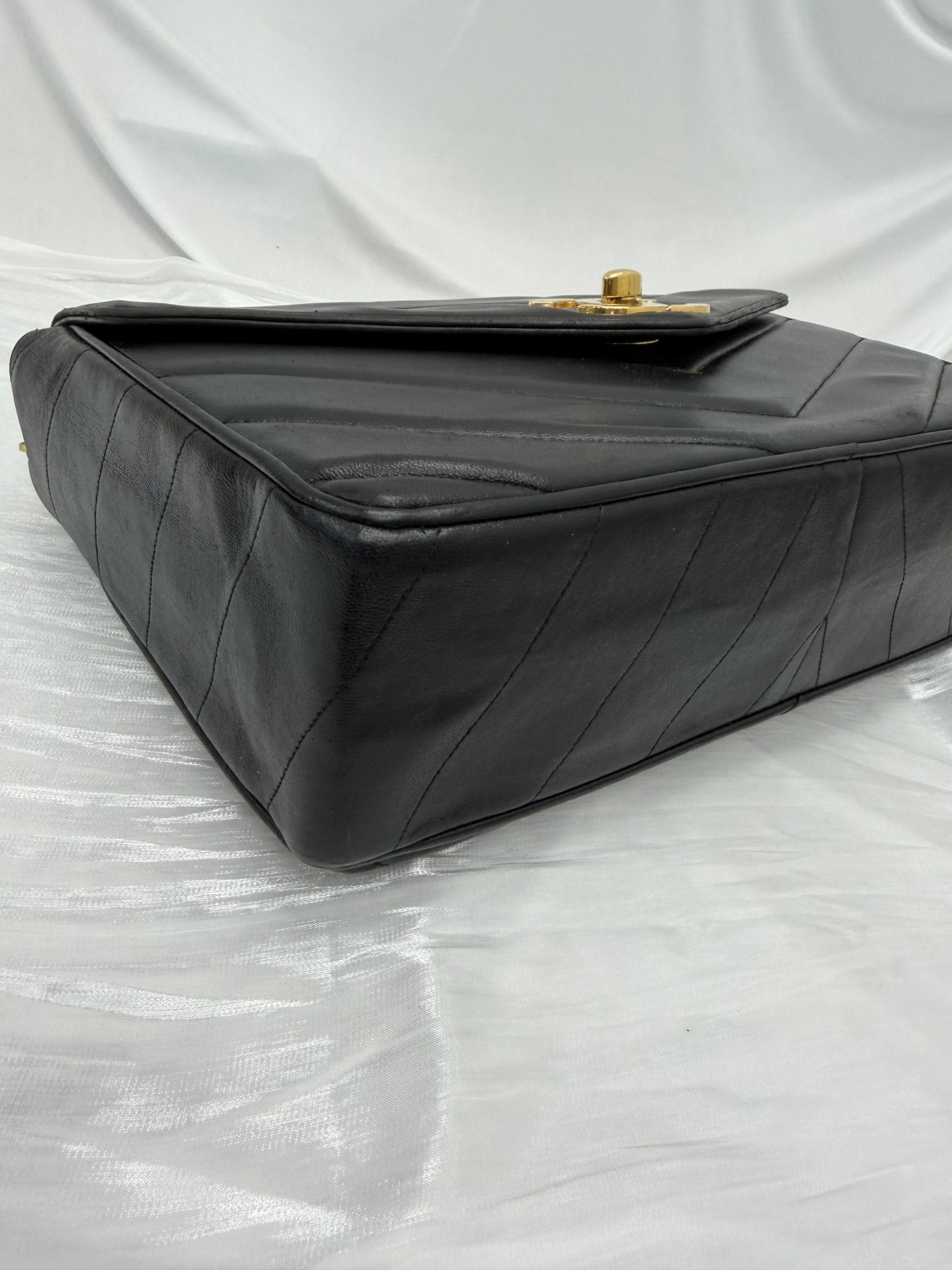 Chanel Vintage Black Chevron Lambskin 24k Jumbo Classic Flap Bag