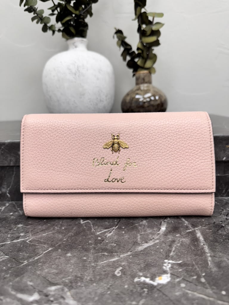 Gucci Light Pink Pebbled Leather Animalier Bee Long Wallet