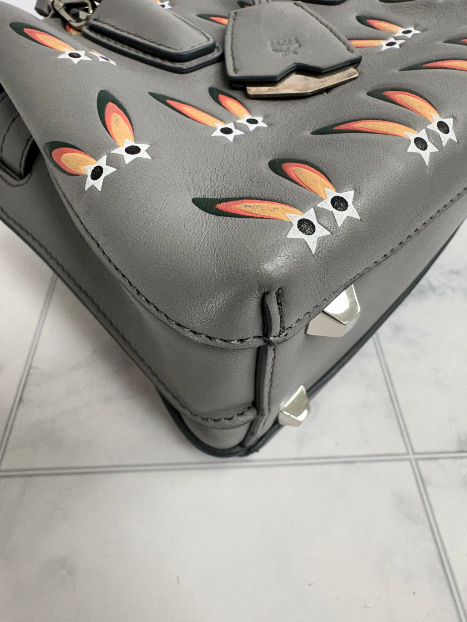 MCM Grey Leather Star Eyed Bunny Mini Tote Bag