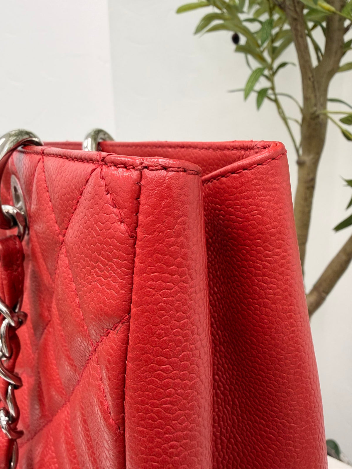 Chanel Red Chevron Quilted Caviar Leather GST Shopping Tote