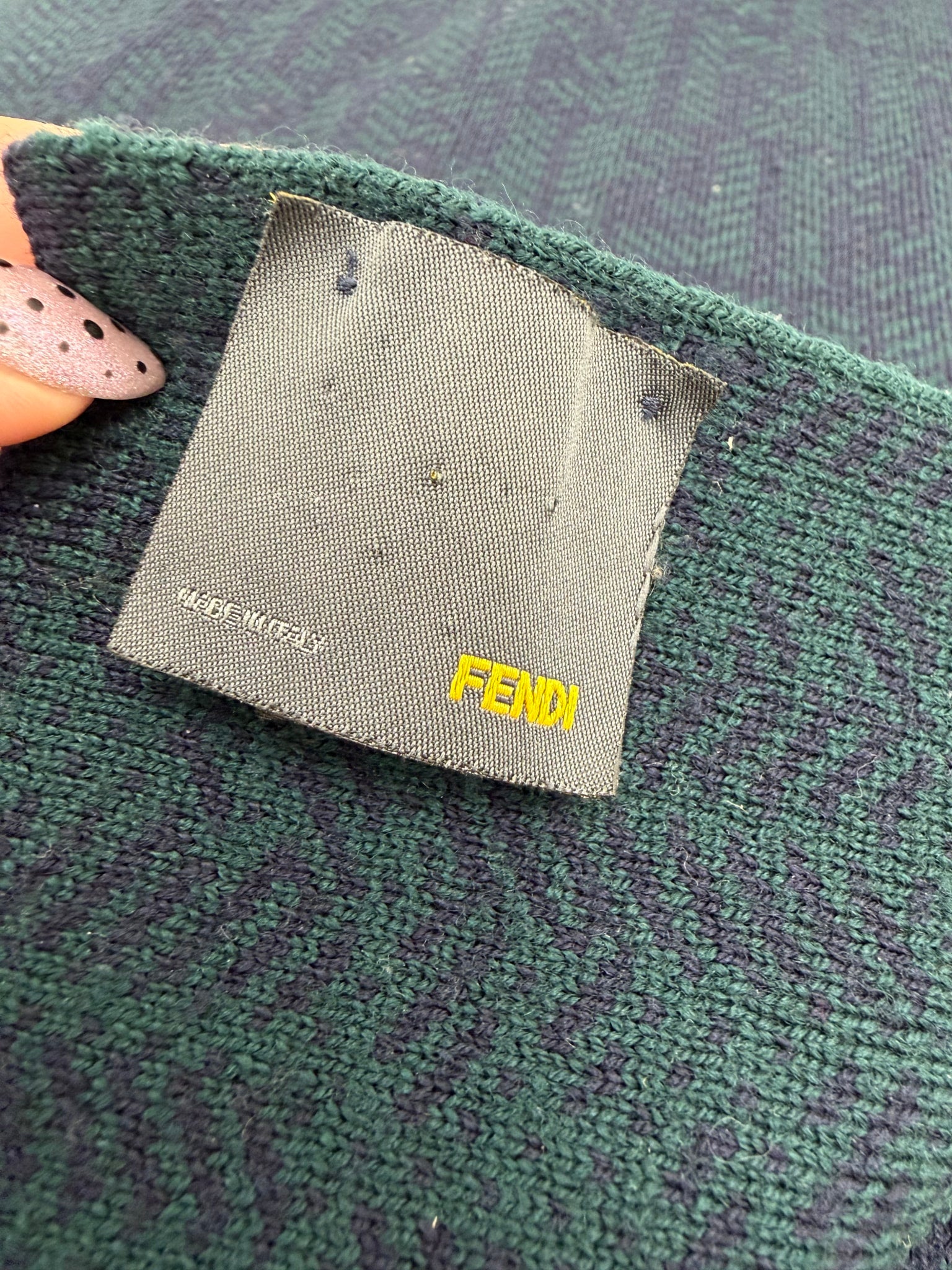 Fendi Blue & Green Herringbone Wool Scarf