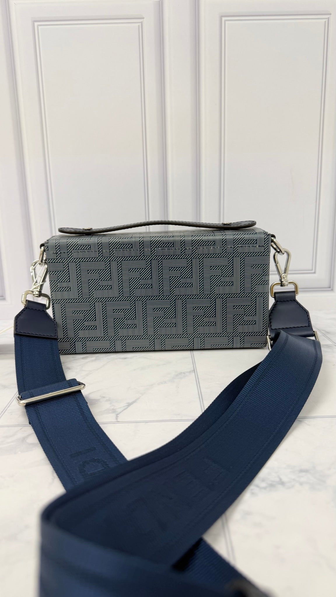 Fendi Navy Blue Leather Baguette Soft Trunk Crossbody Bag 