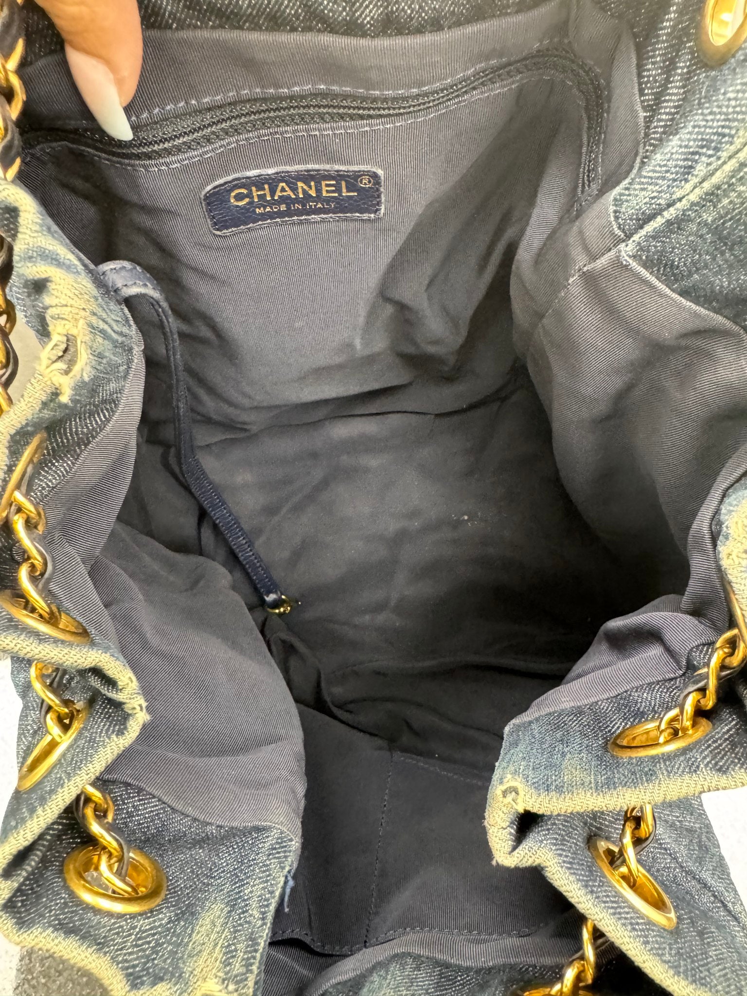 Chanel Quilted Denim Drawstring Bucket Bag