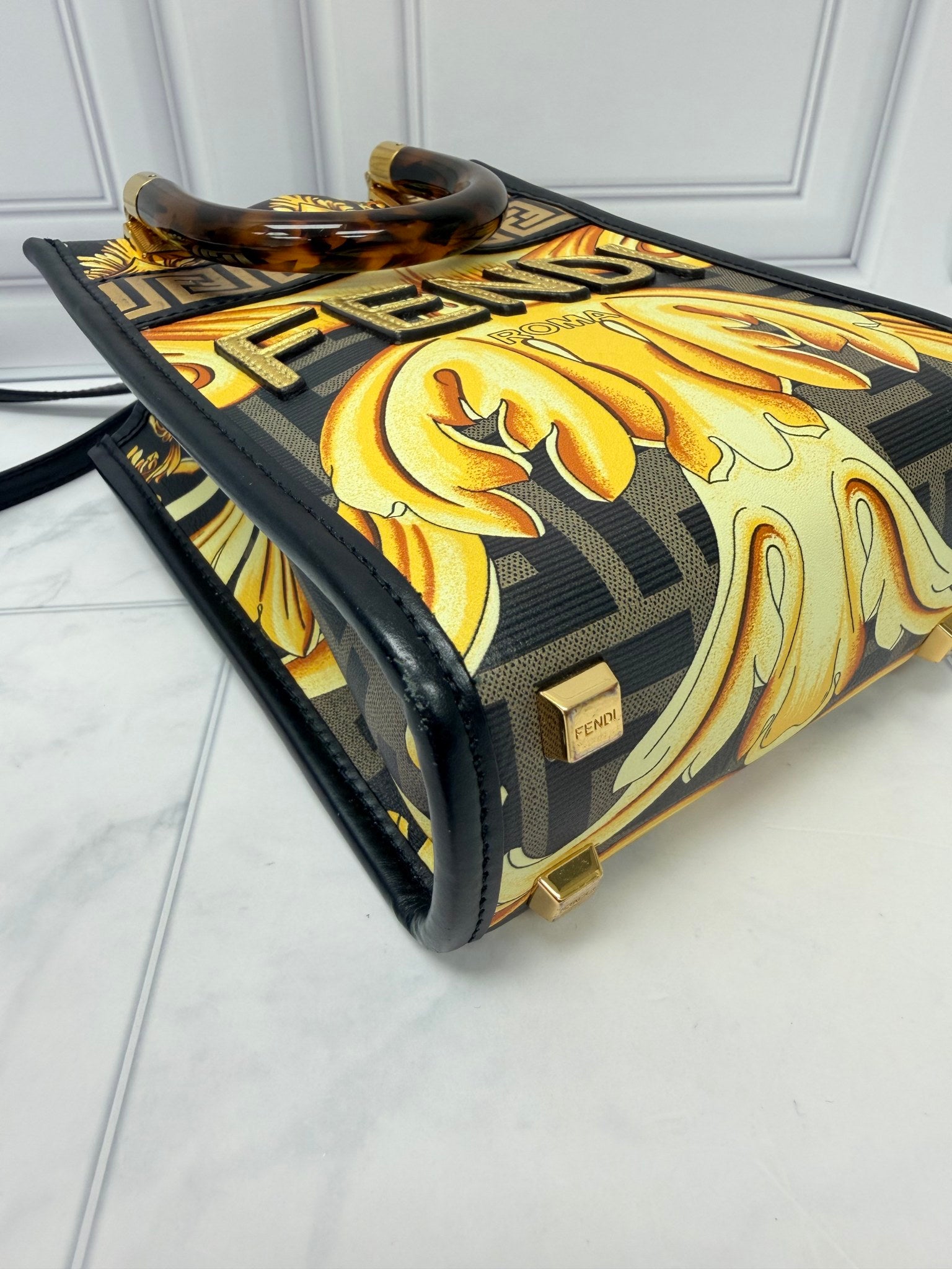 Fendi Yellow And Black Leather Fendace Mini Sunshine Shopper Crossbody Bag