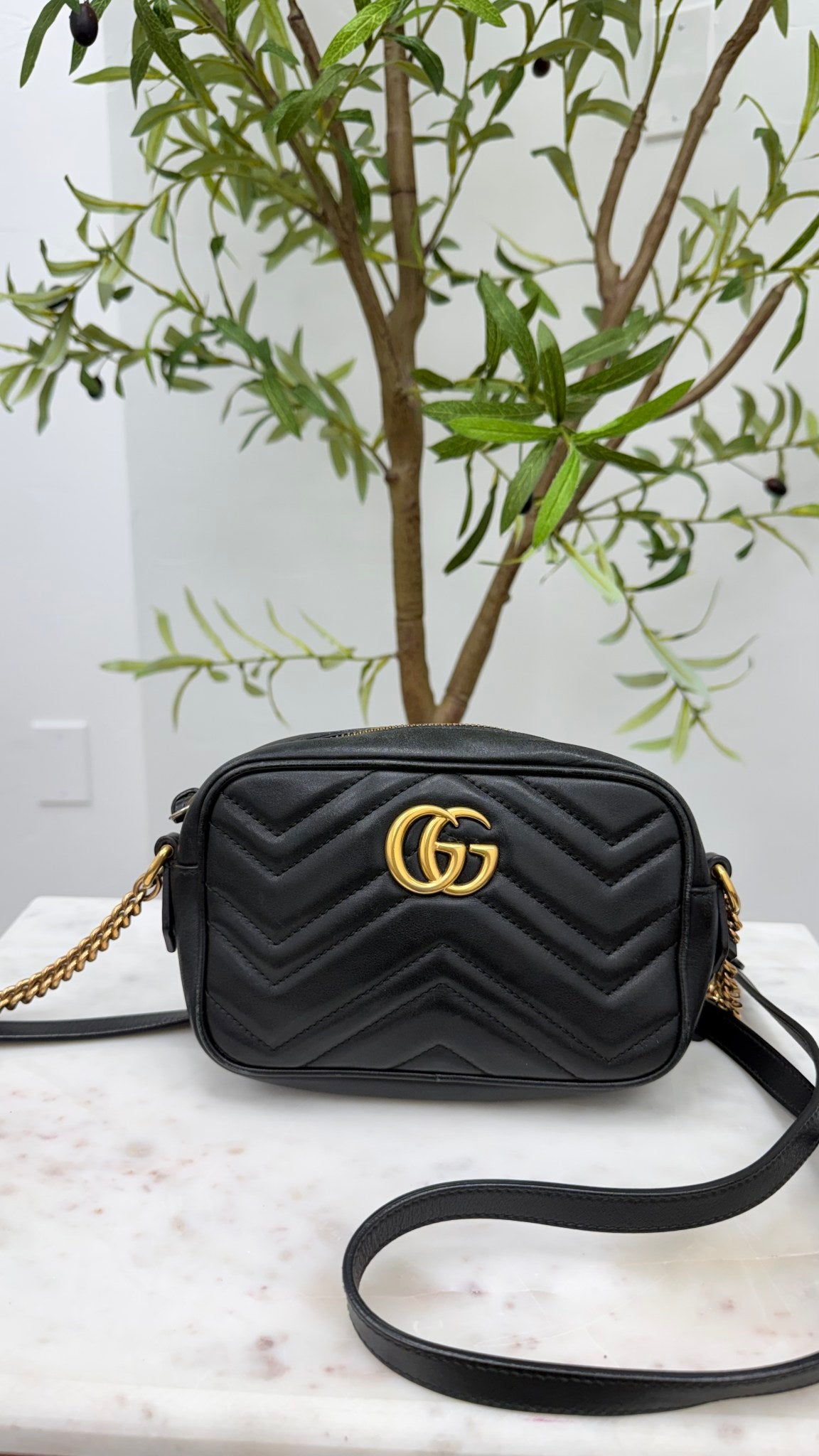 Gucci Black Leather GG Marmont Mini Camera Bag 