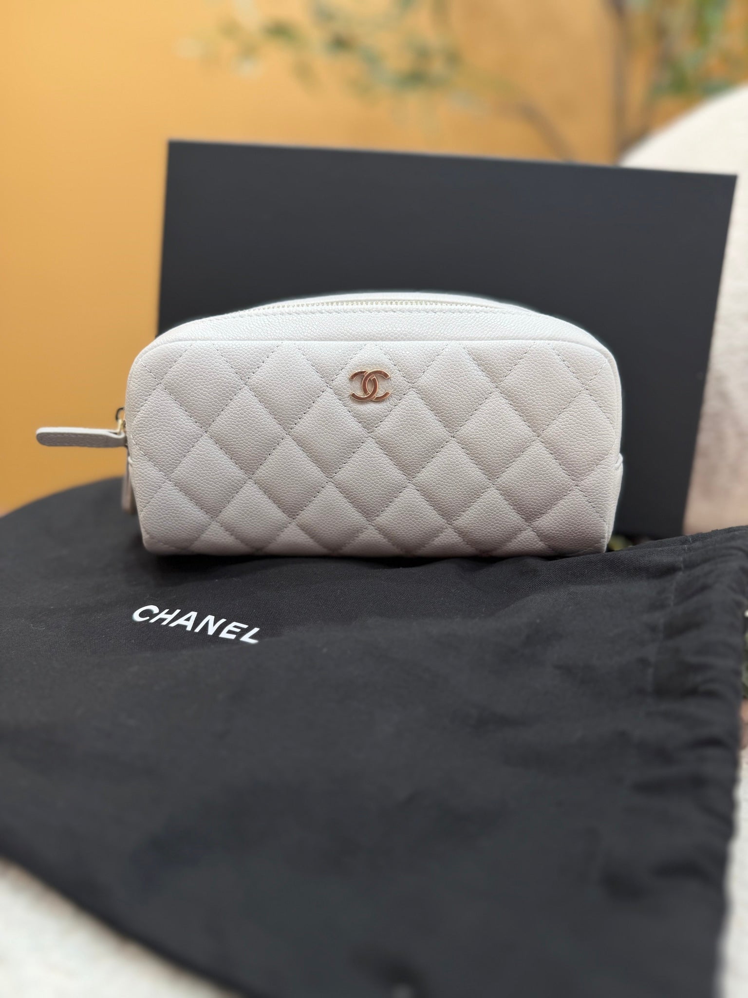 BRAND NEW- Chanel Gray Quilted Caviar Double Zip Cosmetic Case